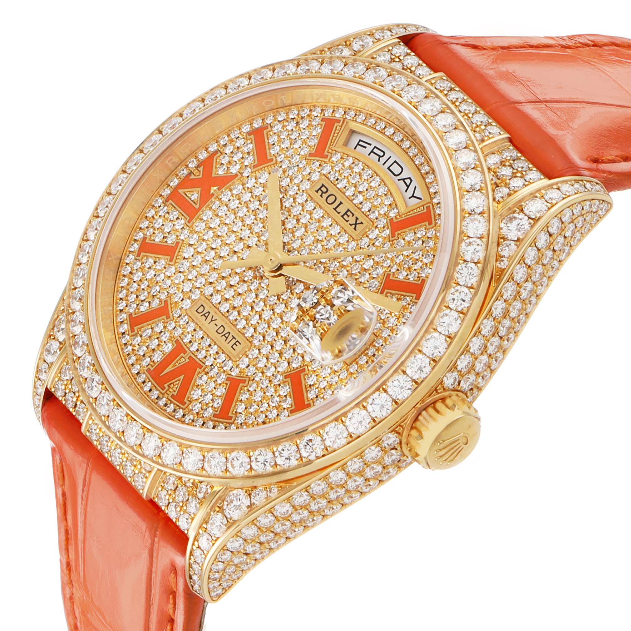 The Rolex President 128158RBR Men's Yellow Gold Champagne Dial model watch is shown from a side angle, highlighting its diamond-encrusted dial, bezel, and orange strap.