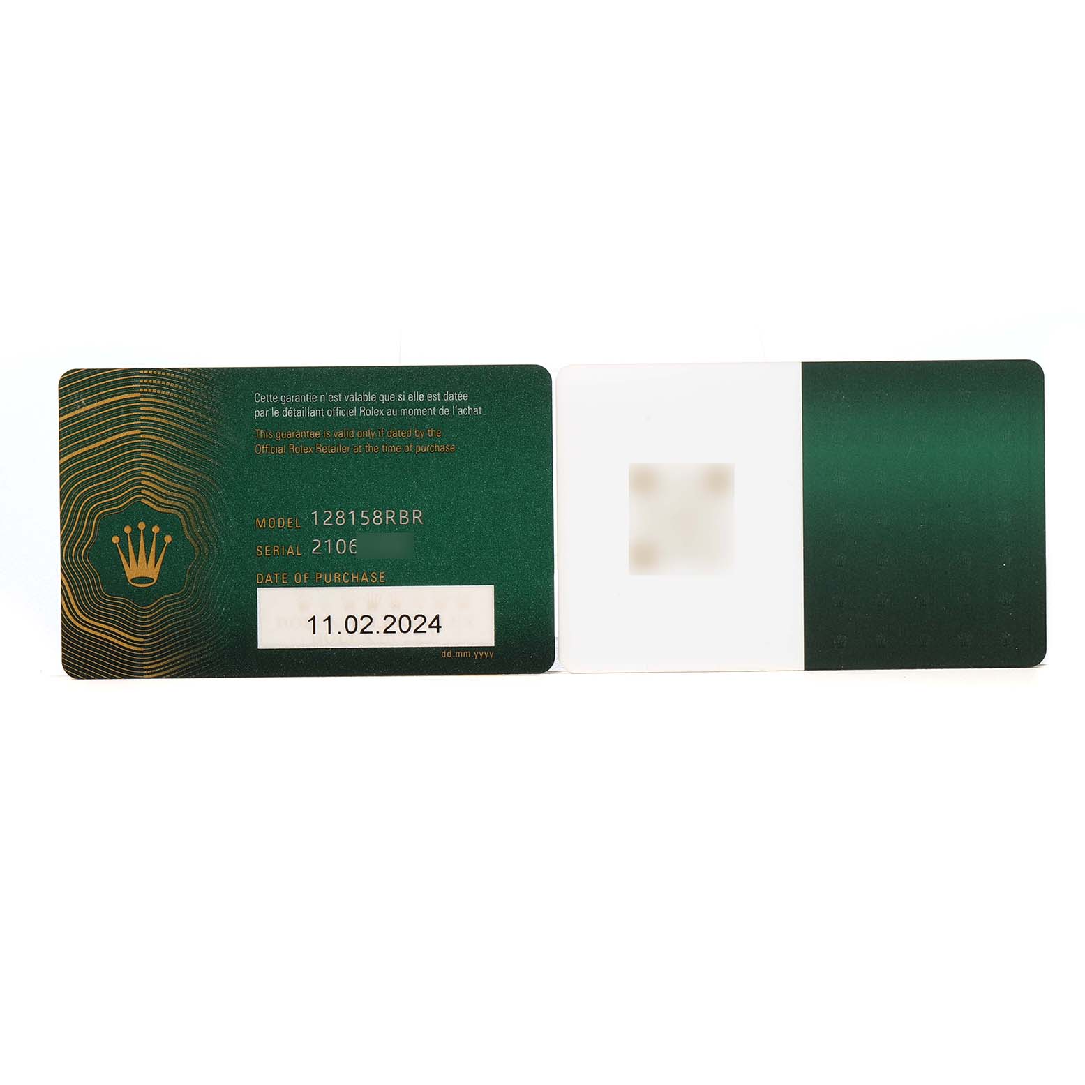 The image shows warranty cards for the Rolex President 128158RBR Men's Yellow Gold Champagne Dial model, displaying model, serial number, and purchase date.