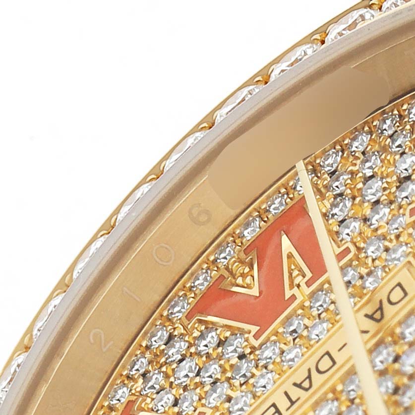 The image shows a close-up of the Rolex President 128158RBR Men's Yellow Gold Champagne Dial watch face, highlighting the bezel and a diamond-encrusted dial.