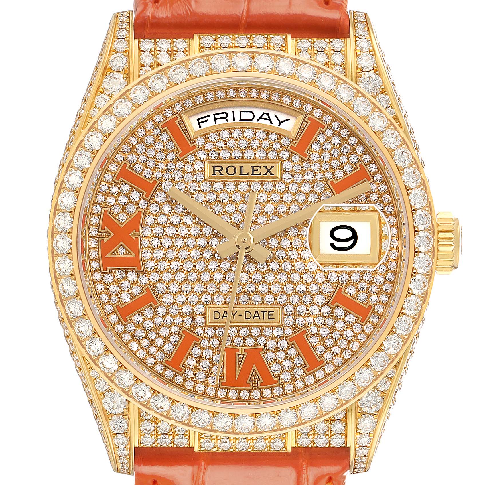 The Rolex President 128158RBR Men's Yellow Gold Champagne Dial watch is shown from the top, highlighting its diamond-studded bezel and face, with day and date features visible.