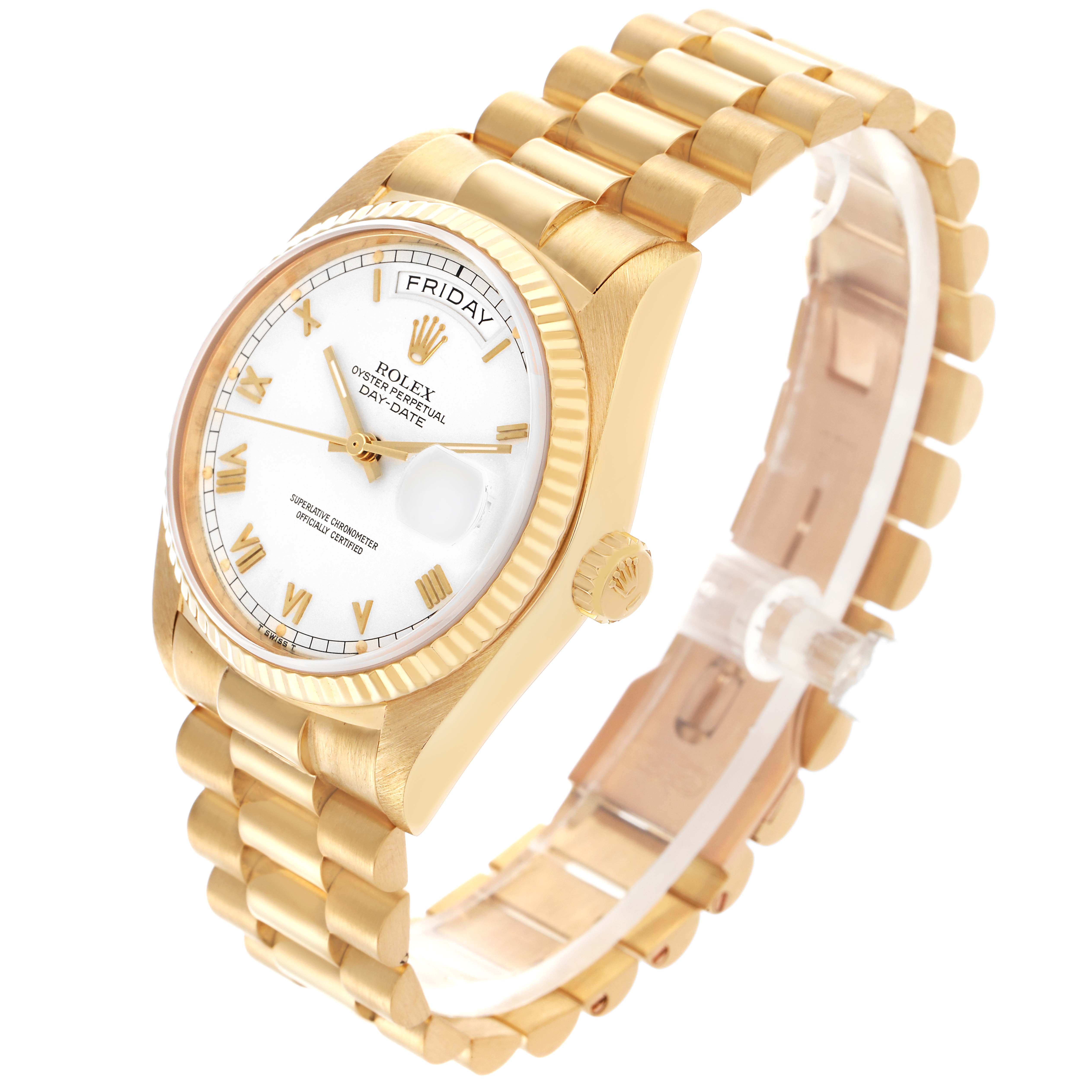 The Rolex President 18038 Men
s Yellow Gold White Dial 18038 Men
s Yellow Gold White Dial model watch is shown at a three-quarter angle, displaying the face, bezel, crown, and bracelet.