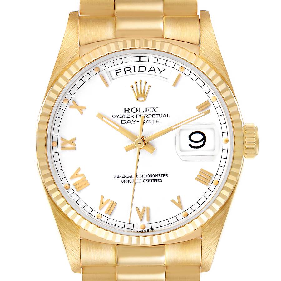 The Rolex President model watch is shown from a frontal angle highlighting the face, bezel, and bracelet.