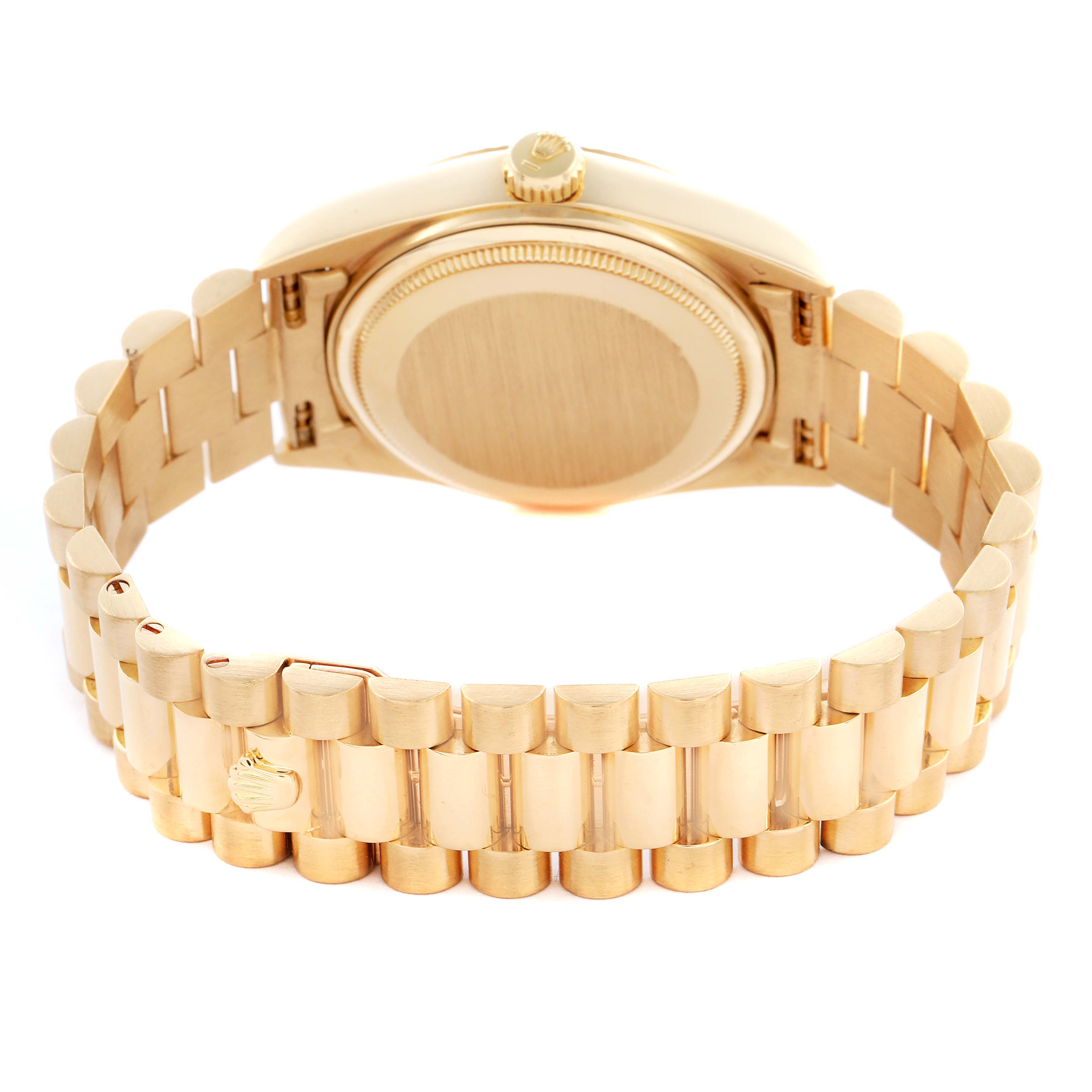 The image shows the back view of the Rolex President 18038 Men
s Yellow Gold White Dial 18038 Men
s Yellow Gold White Dial watch, featuring the bracelet and case back.