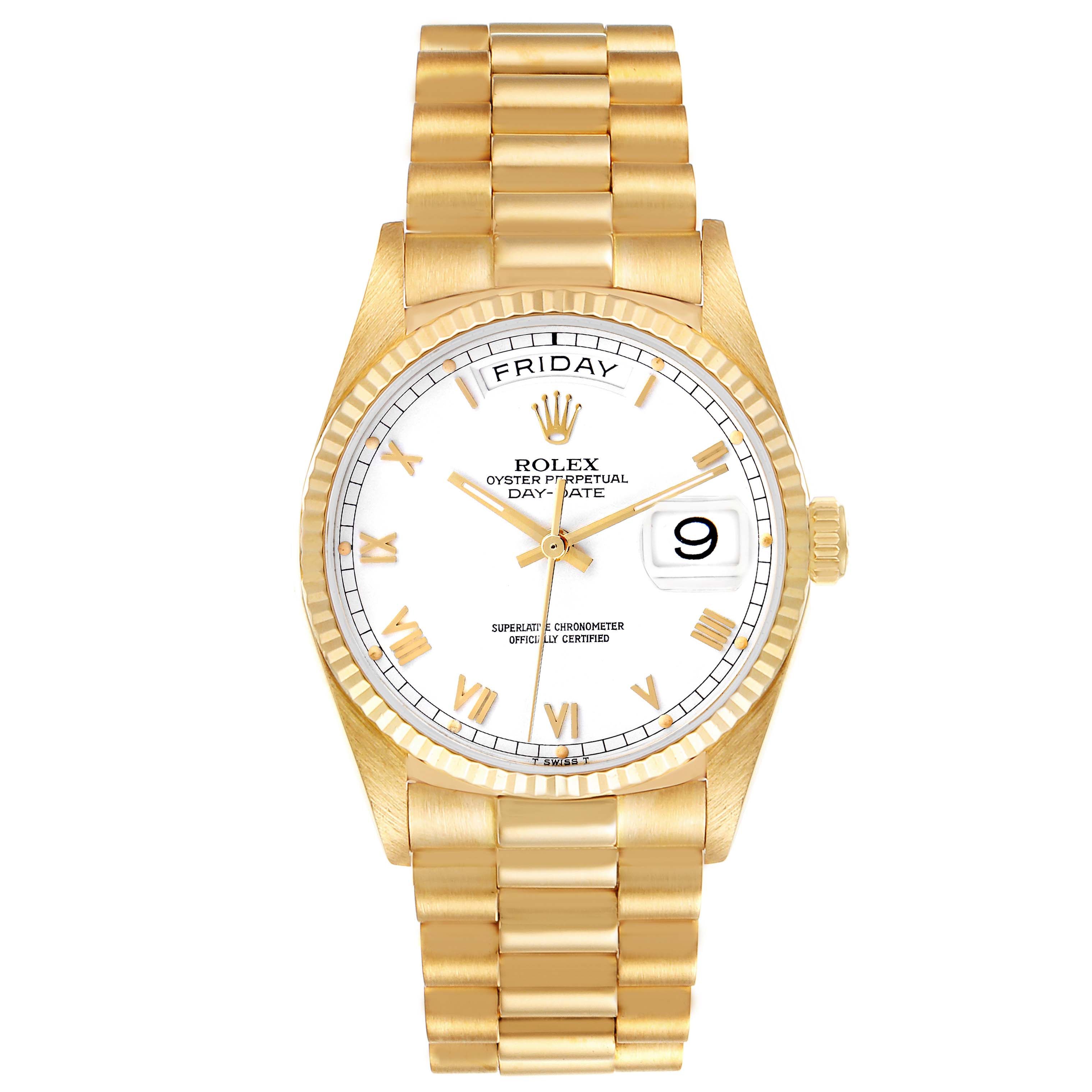The Rolex President 18038 Men
s Yellow Gold White Dial 18038 Men
s Yellow Gold White Dial model watch is shown from the front, highlighting its bracelet, dial, hands, and date feature.