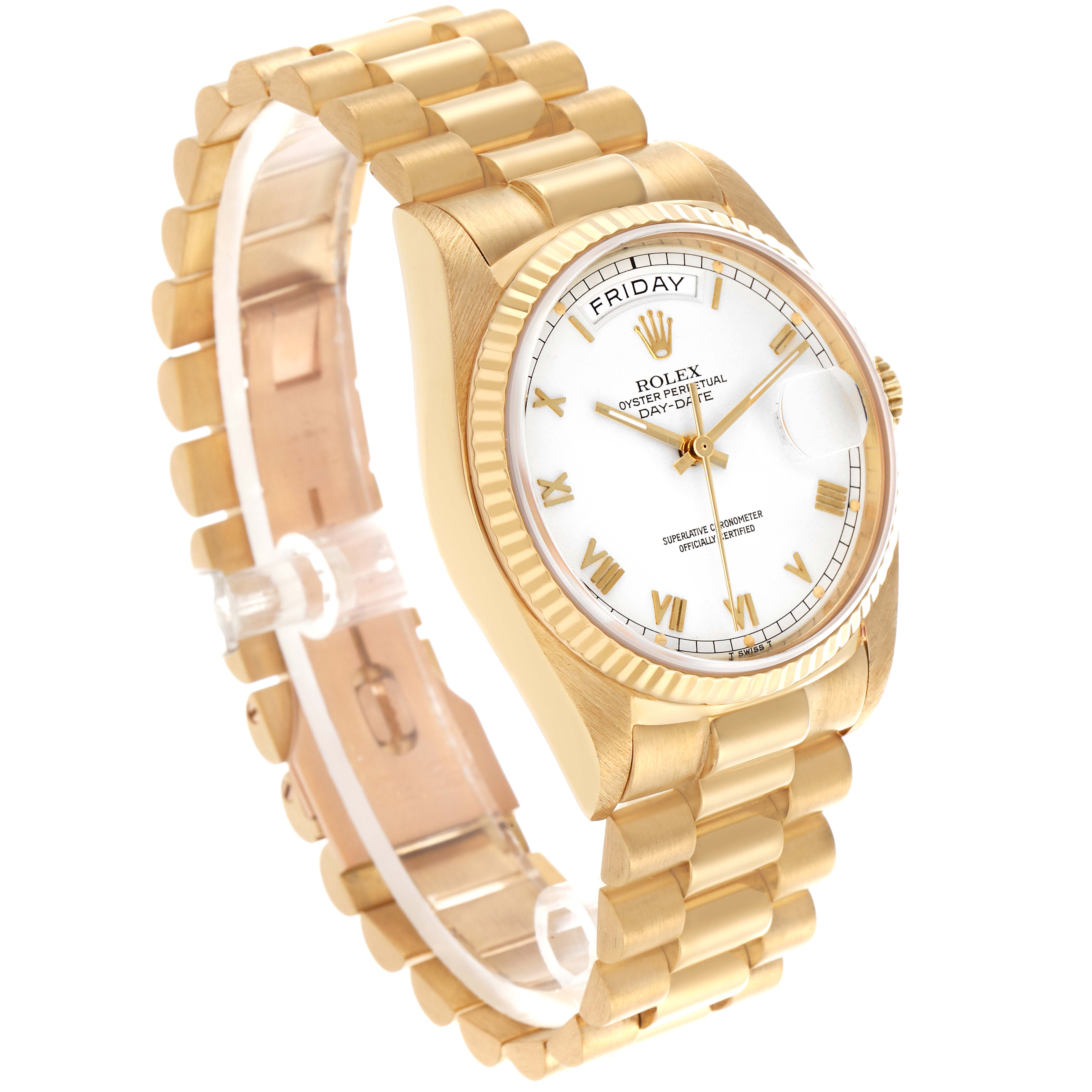The Rolex President 18038 Men
s Yellow Gold White Dial 18038 Men
s Yellow Gold White Dial model watch is shown at a slight angle, displaying the dial, bracelet, and part of the bezel.