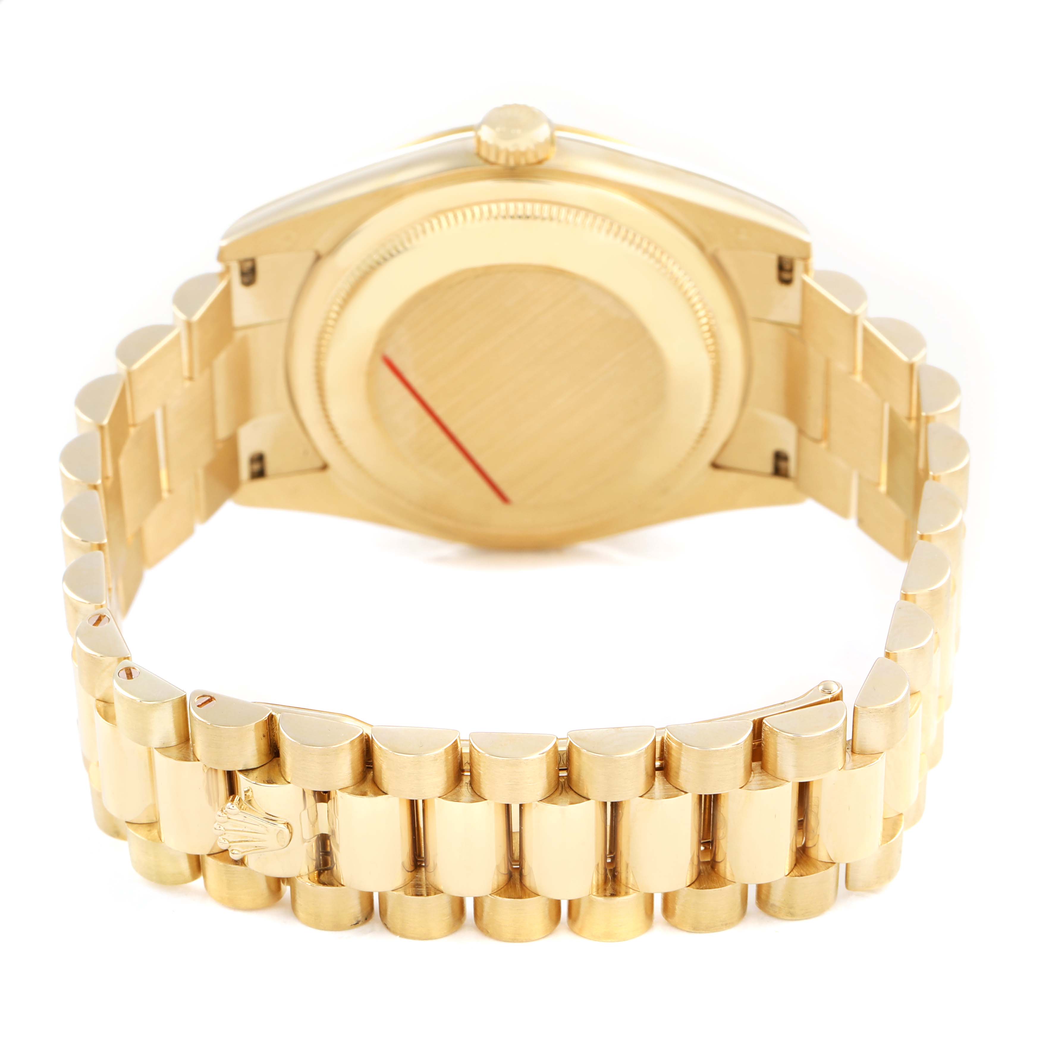 The image shows the back and bracelet of a gold Rolex President 118238 Men's Yellow Gold Champagne Dial watch, highlighting its clasp and caseback.