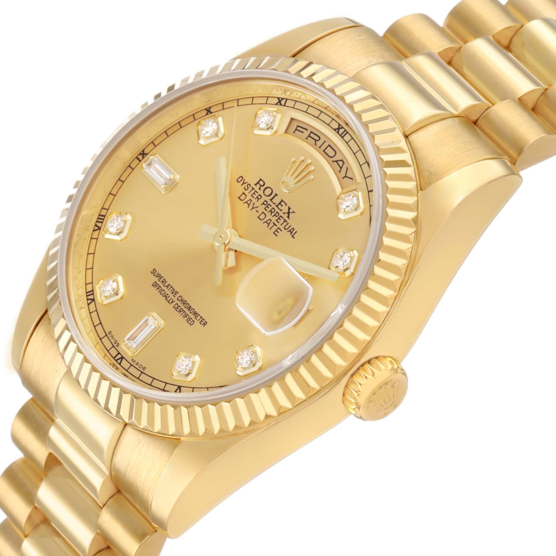The Rolex President 118238 Men's Yellow Gold Champagne Dial model is shown at an angled view, highlighting the bezel, dial, bracelet, and crown.