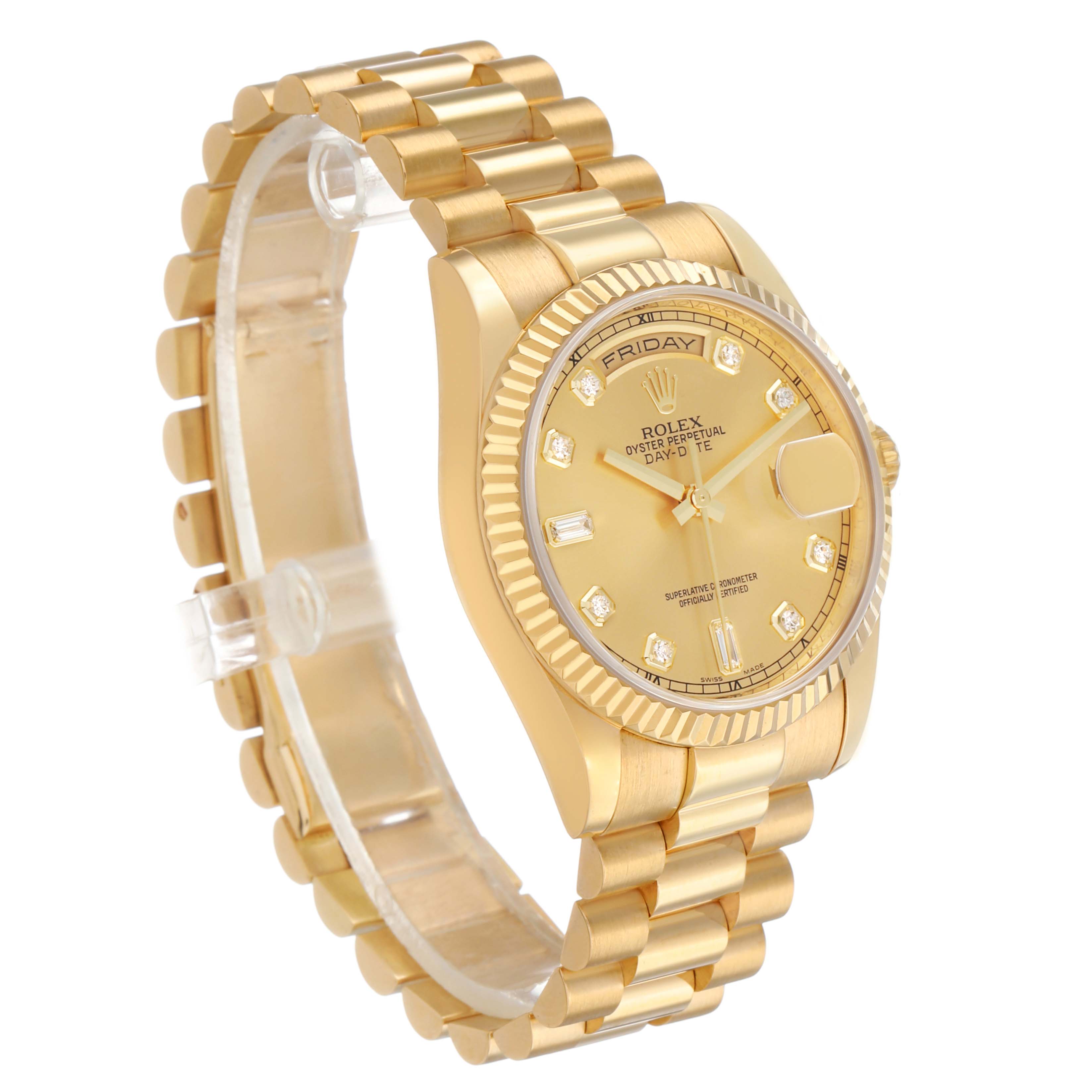 The Rolex President 118238 Men's Yellow Gold Champagne Dial watch is shown at a three-quarter angle, displaying the dial, bracelet, and fluted bezel.
