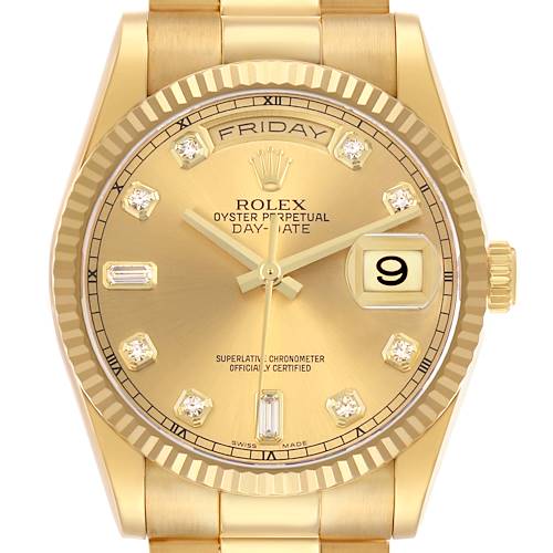 The Rolex President 118238 Men's Yellow Gold Champagne Dial model is shown from a front angle, highlighting the dial, fluted bezel, day-date display, and crown.