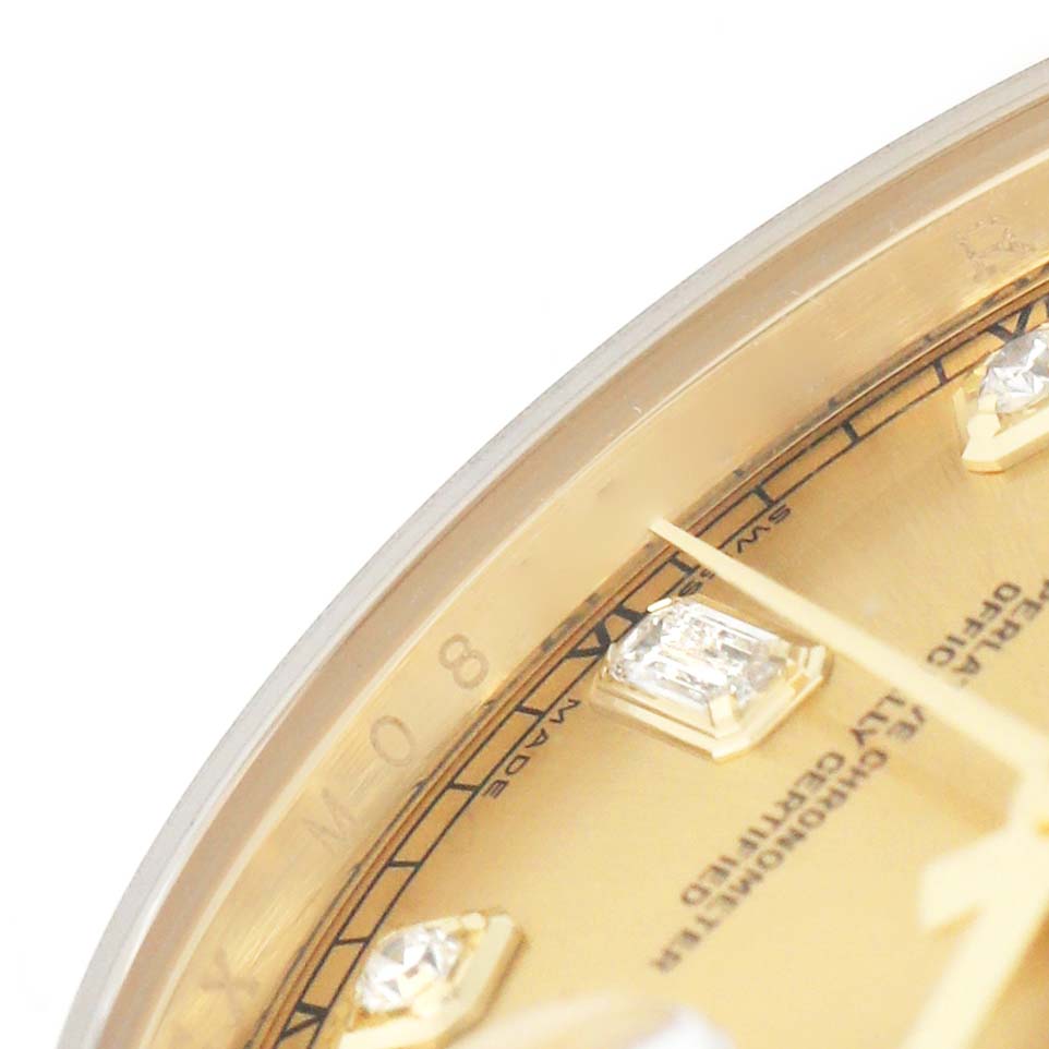 The image shows a close-up of the dial and diamond hour markers of a Rolex President 118238 Men's Yellow Gold Champagne Dial watch.