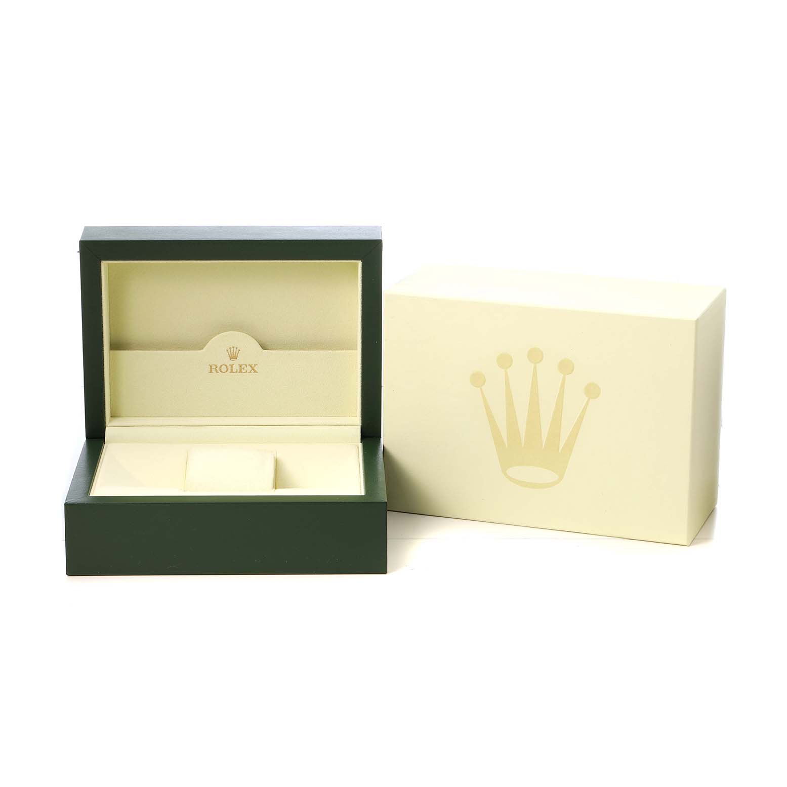 The image shows an open Rolex President 118238 Men's Yellow Gold Champagne Dial watch box and a separate outer box, viewed from the front.