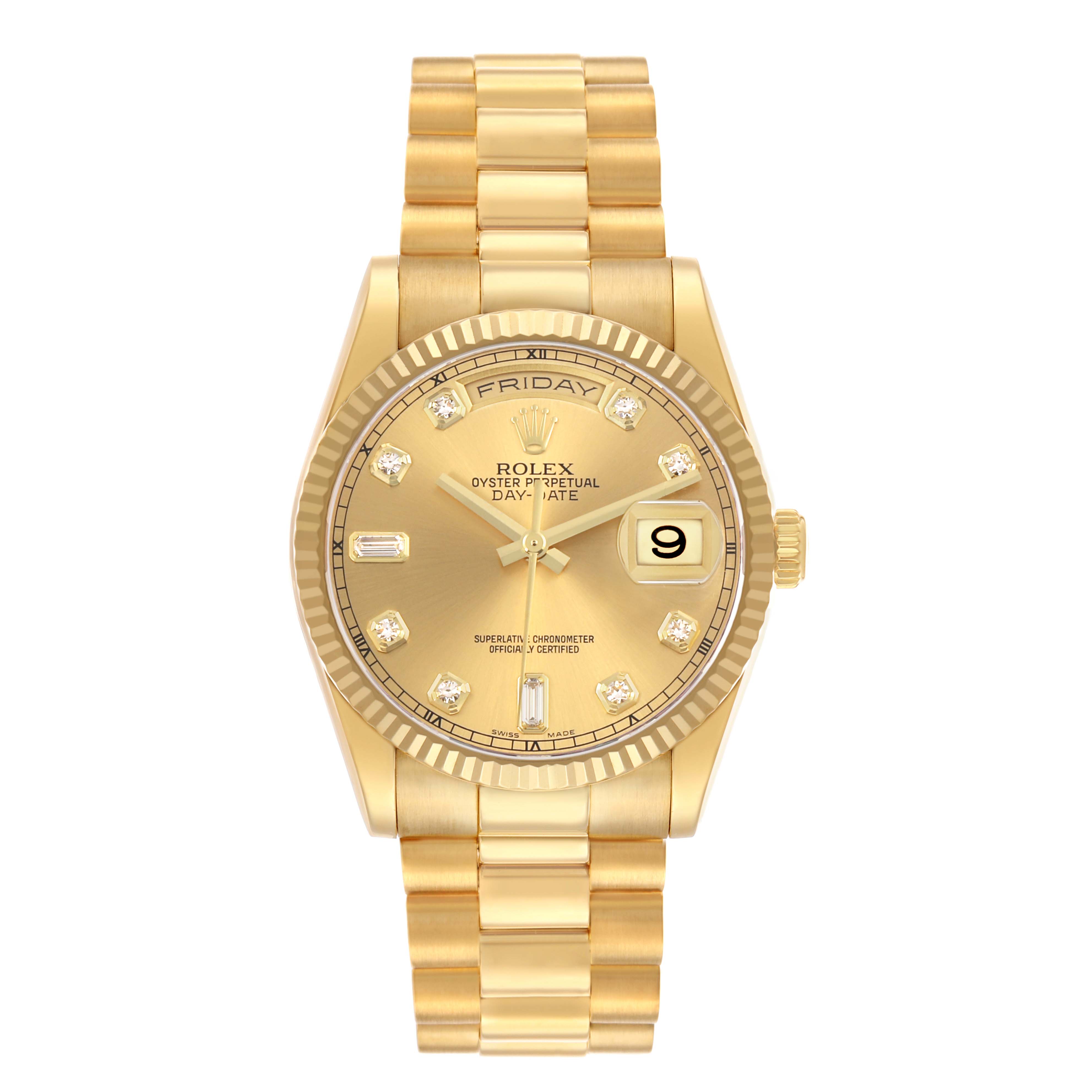 The Rolex President 118238 Men's Yellow Gold Champagne Dial model watch is shown from a top-down angle, displaying its gold bracelet, case, and dial with day and date features.