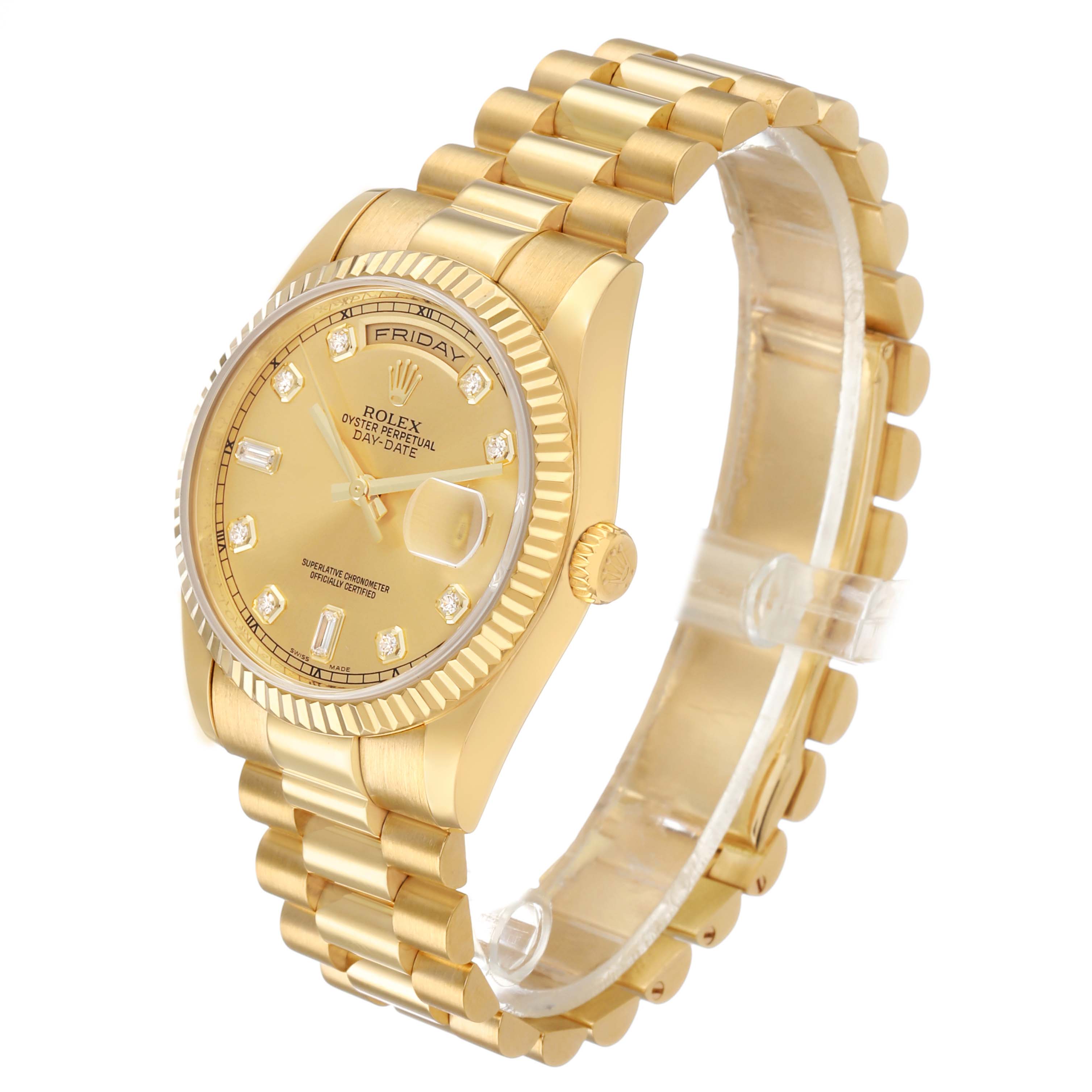 The Rolex President 118238 Men's Yellow Gold Champagne Dial model is shown at a slight angle, highlighting its gold case, bracelet, dial, and date feature.