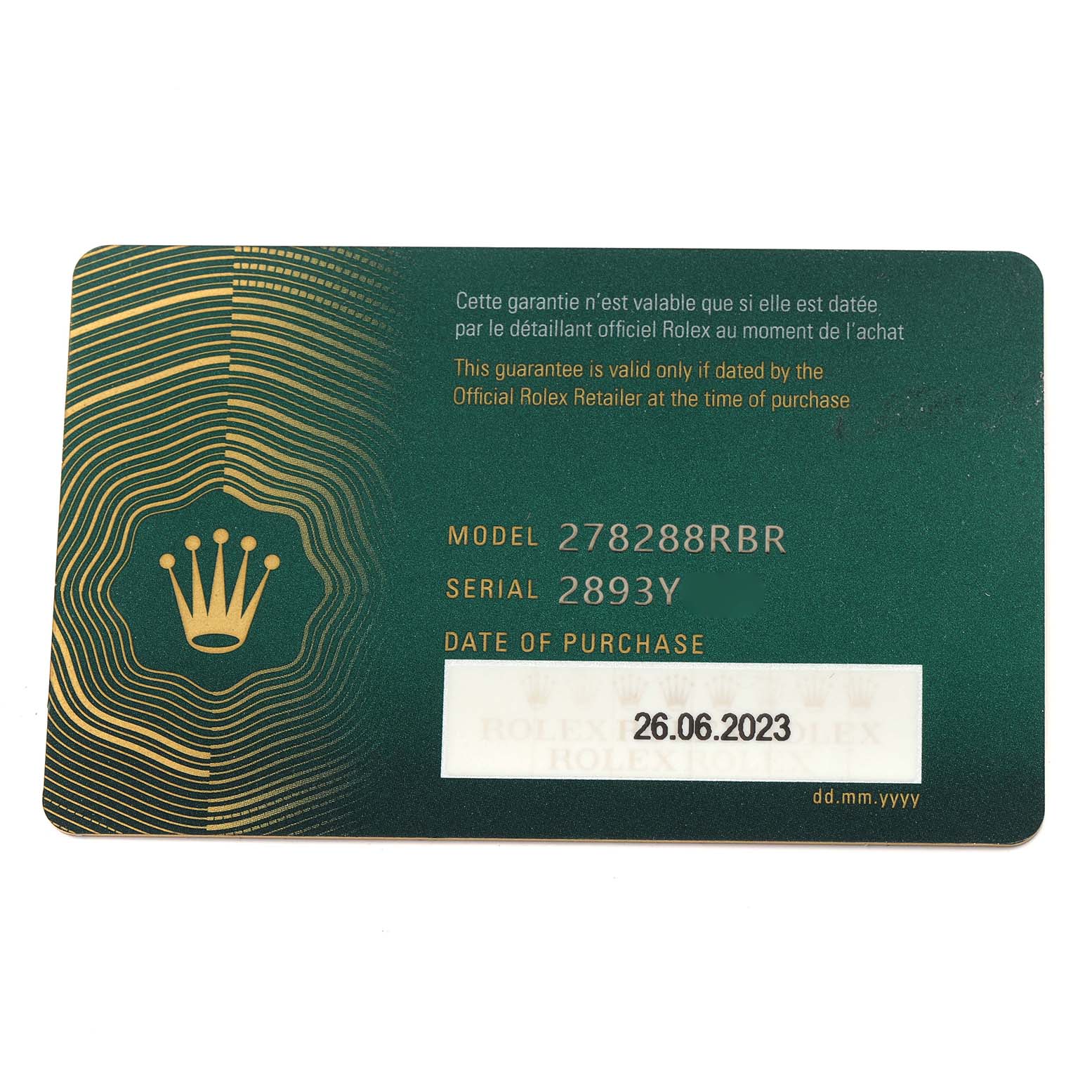 The image shows a Rolex guarantee card for a Mid-Size model with the number 278288RBR.