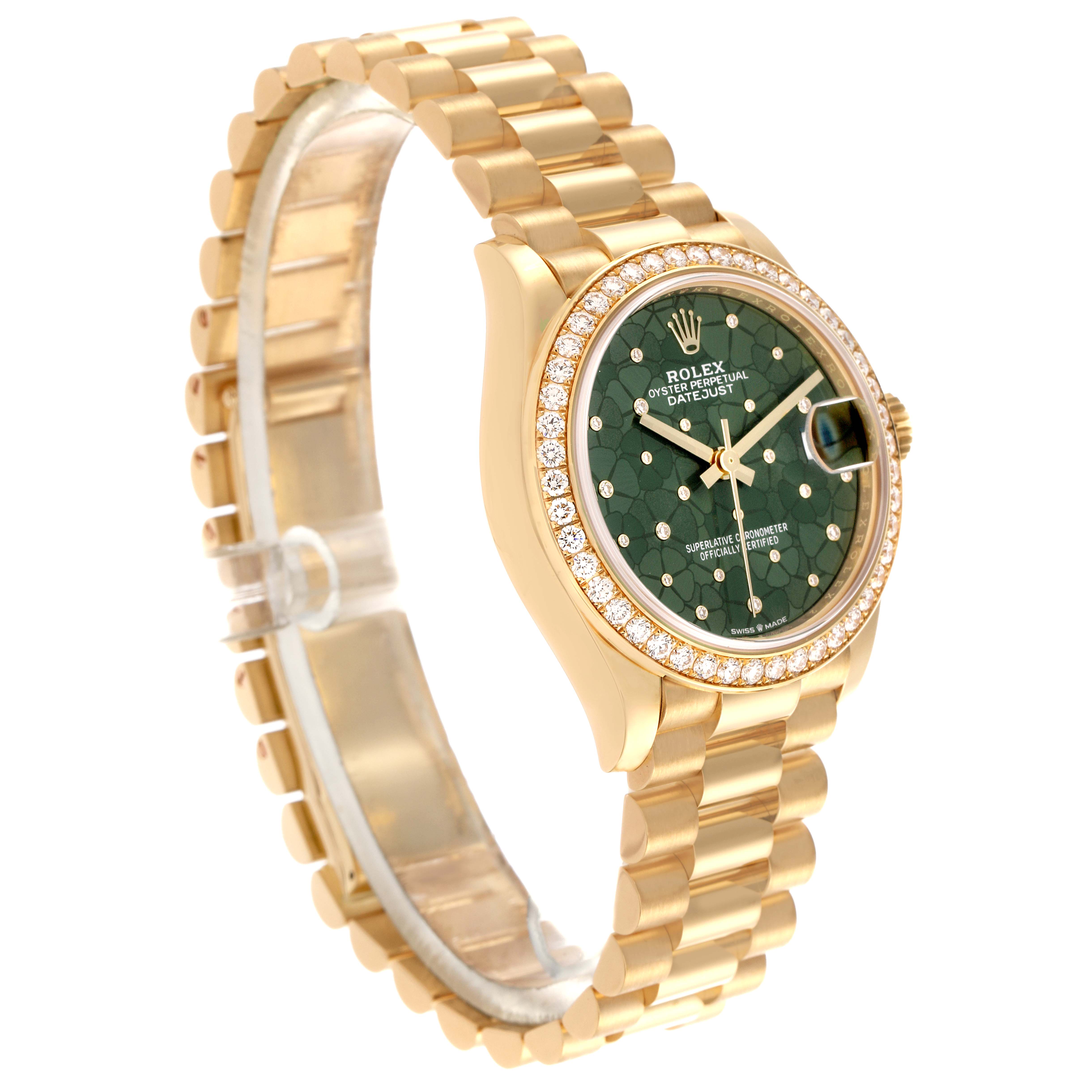 The Rolex Mid-Size watch is shown at a three-quarter angle, highlighting the green dial, diamond bezel, and gold bracelet.