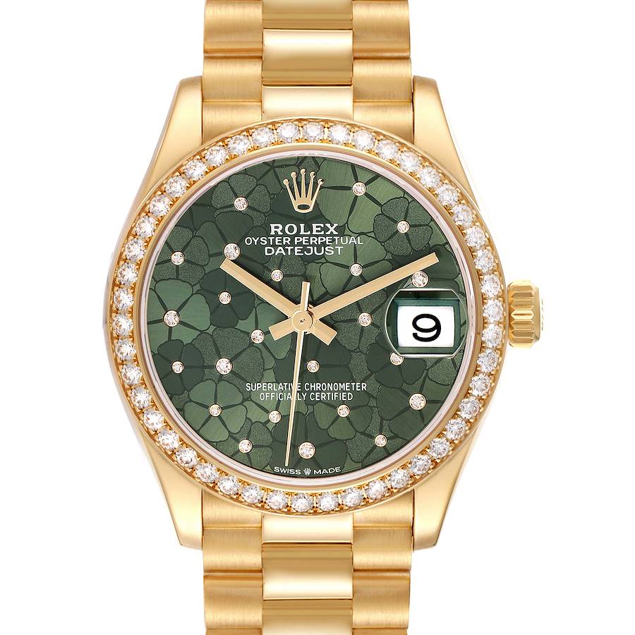 This Rolex Mid-Size Datejust shows a frontal view with a gold bracelet, diamond bezel, and a green patterned dial.