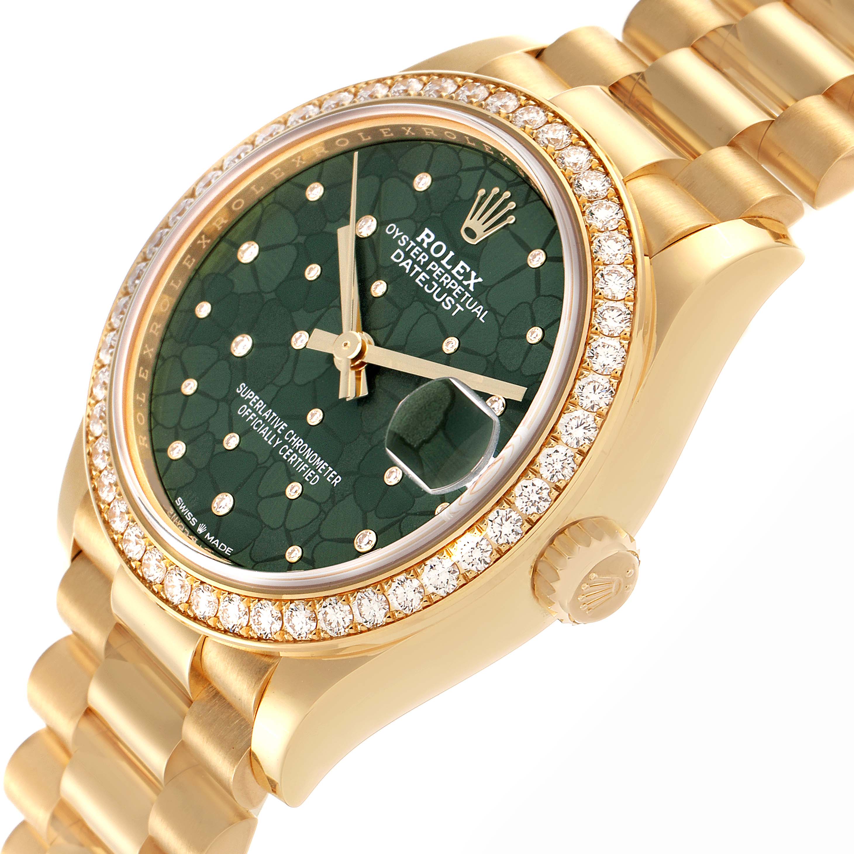 The Rolex Mid-Size watch is shown at an angled side view, highlighting the bezel, crown, and part of the band.