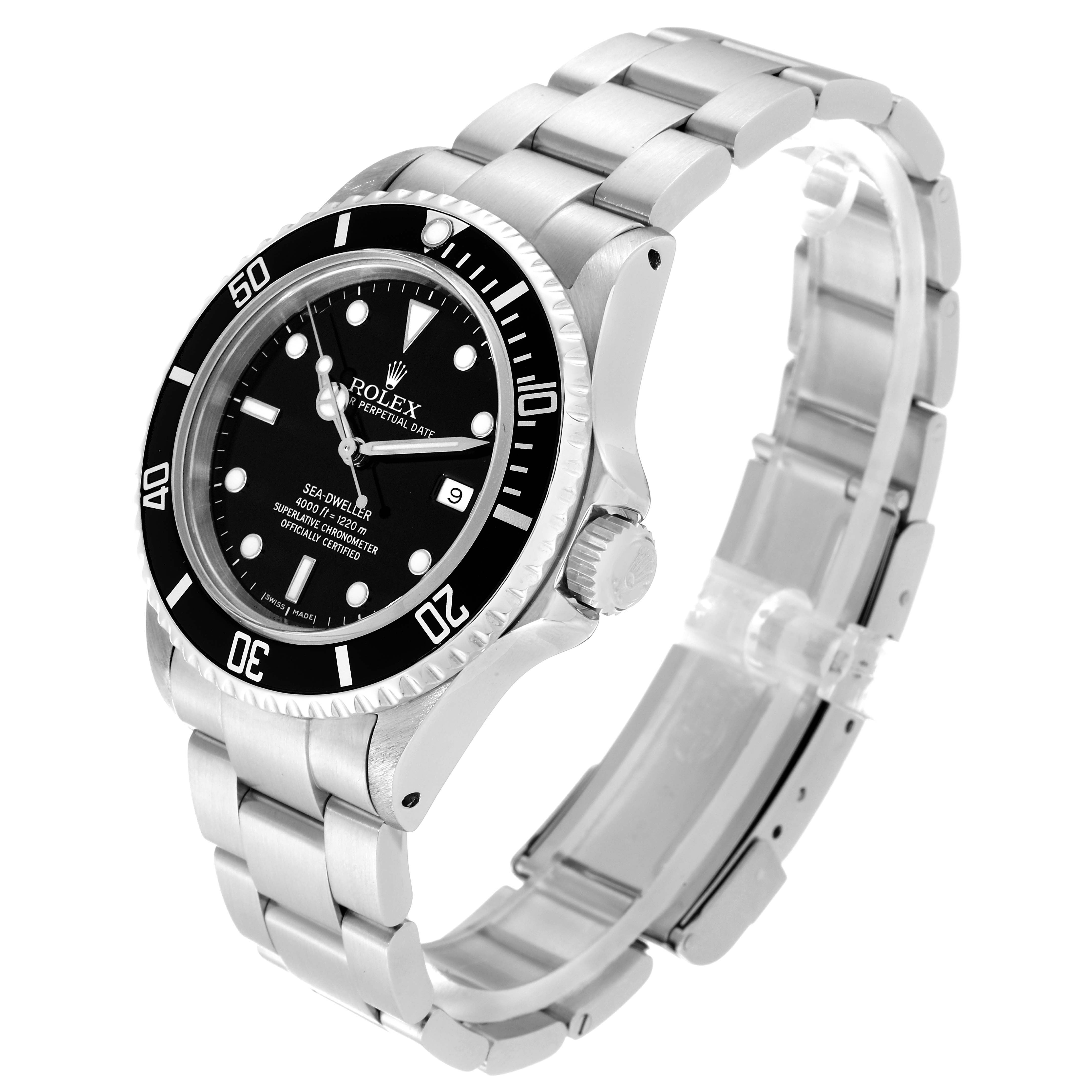 The Rolex Sea-Dweller 16660 Men
s Stainless Steel Black Dial 16660 Men
s Stainless Steel Black Dial watch is shown at an angled view highlighting the face, bezel, crown, and bracelet.