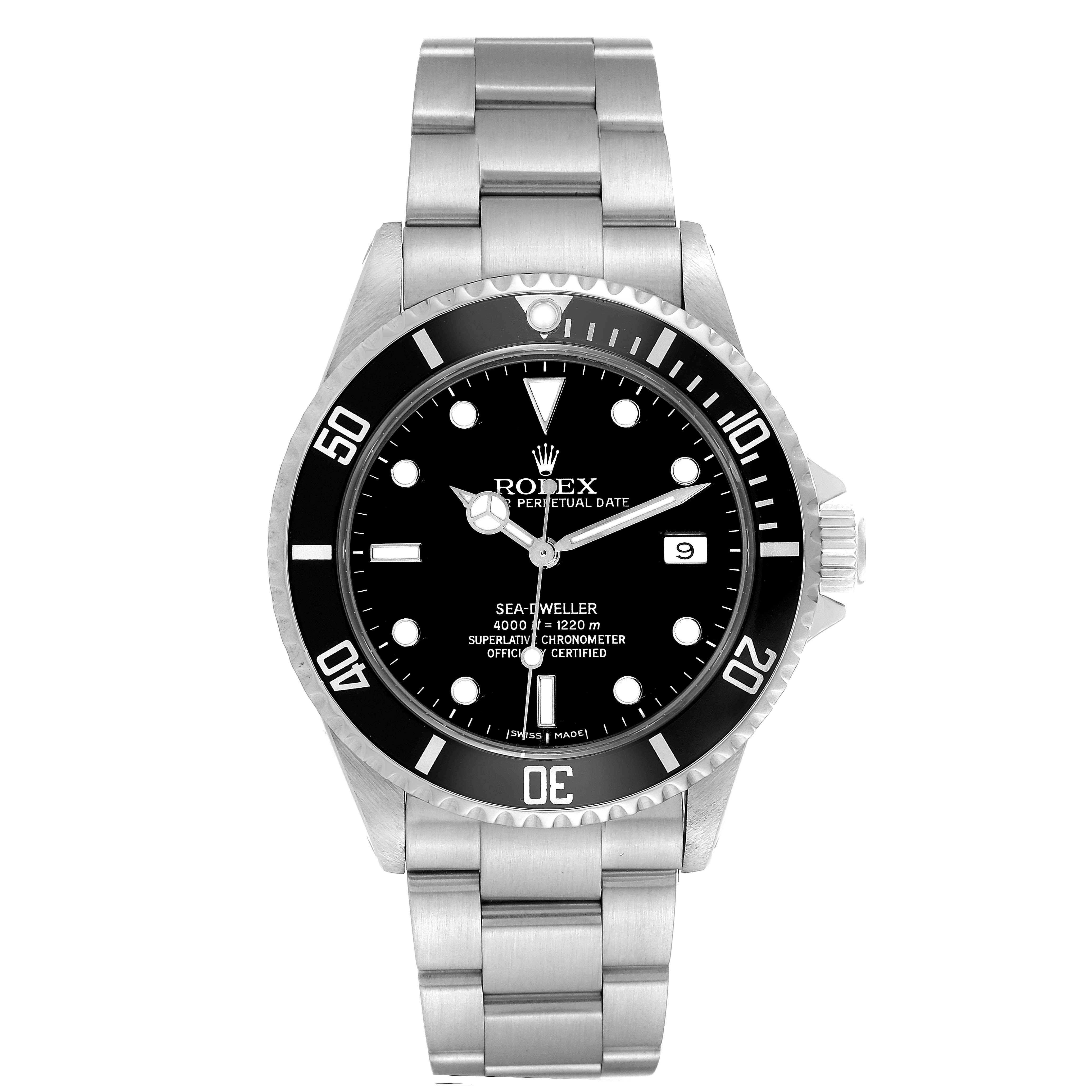 This image shows a front view of the Rolex Sea-Dweller 16660 Men
s Stainless Steel Black Dial 16660 Men
s Stainless Steel Black Dial watch, displaying its black dial, bezel, and stainless steel bracelet.