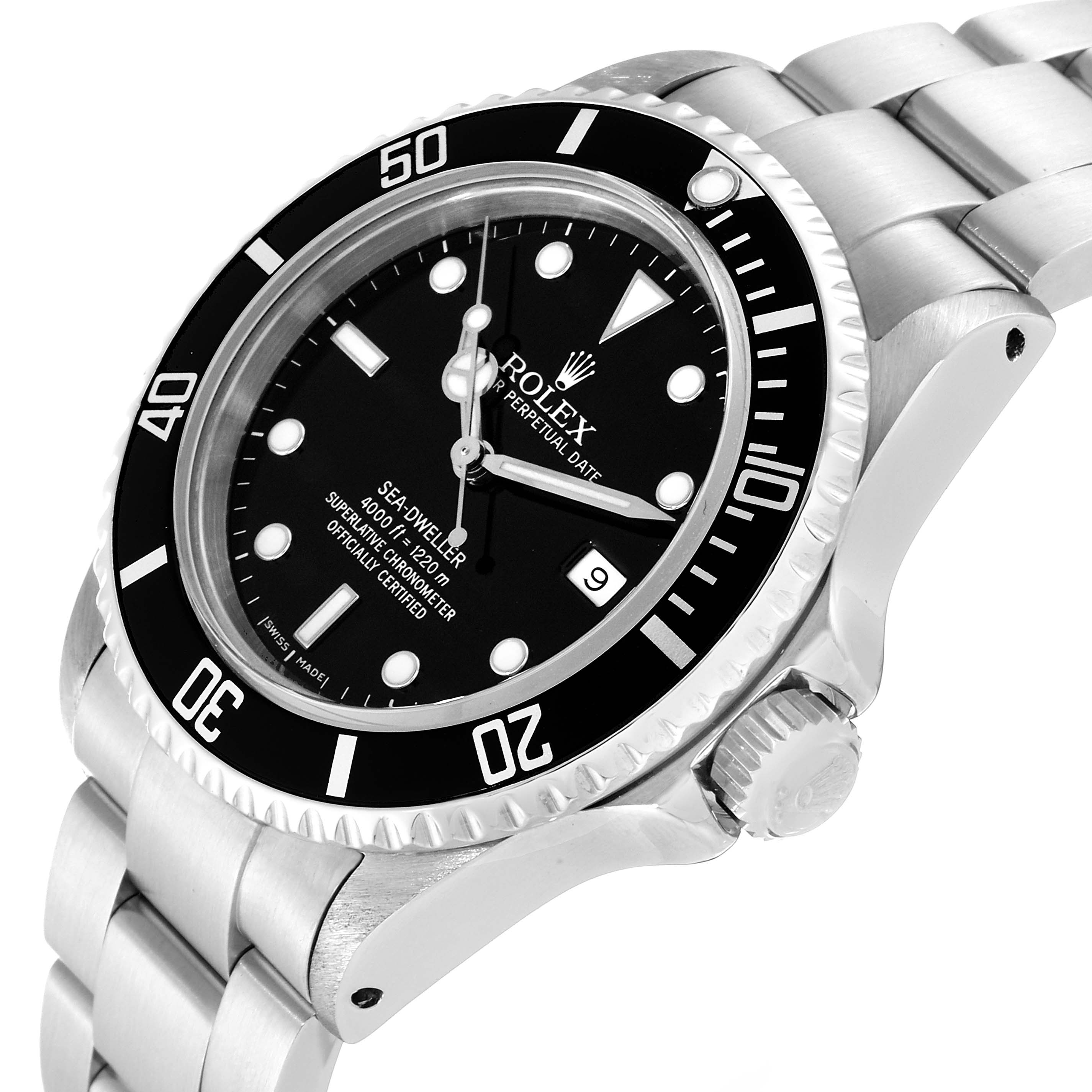 The Rolex Sea-Dweller 16660 Men
s Stainless Steel Black Dial 16660 Men
s Stainless Steel Black Dial watch is shown from a three-quarter angle, displaying the dial, bezel, crown, and part of the bracelet.