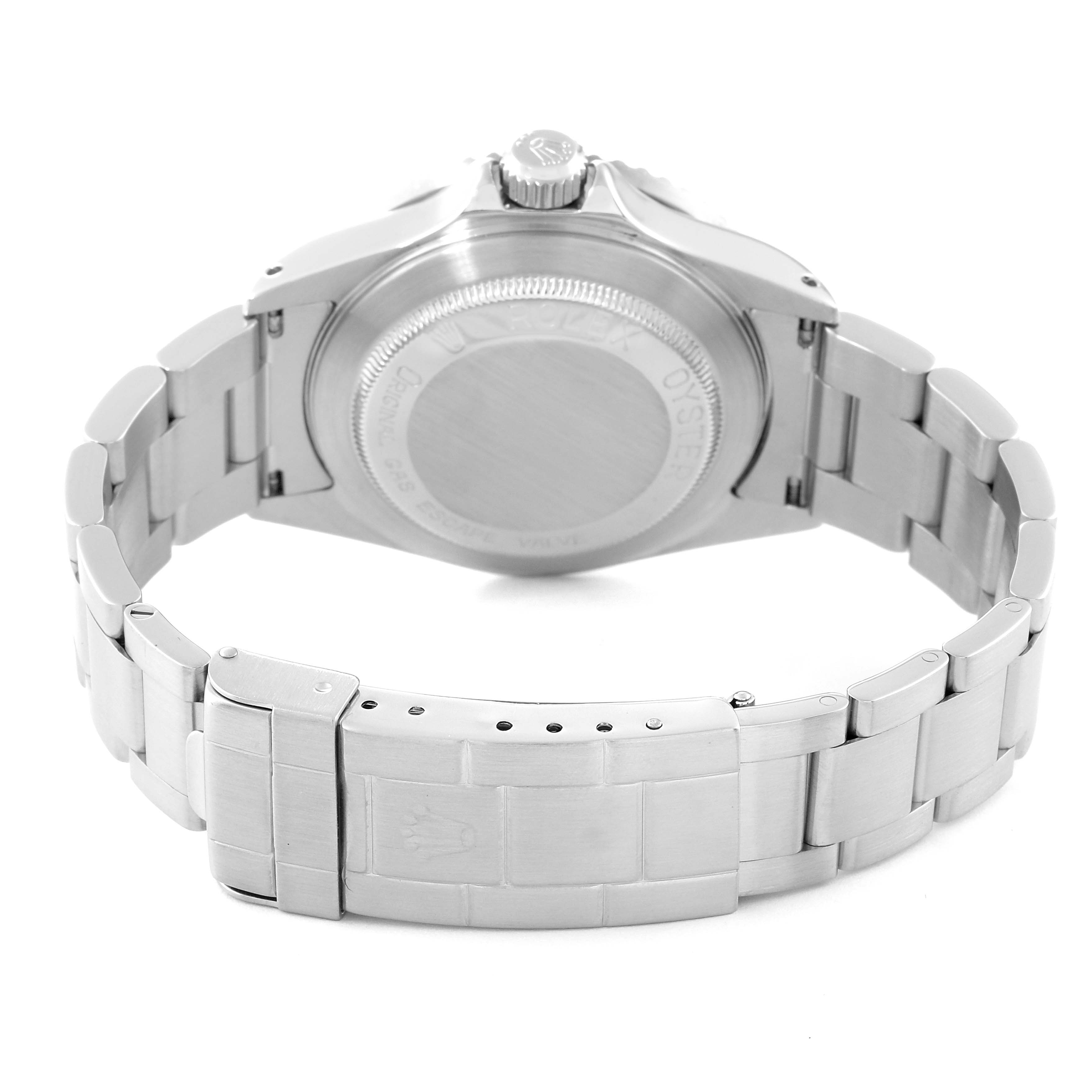 The image shows the back case and bracelet of a Rolex Sea-Dweller 16660 Men
s Stainless Steel Black Dial 16660 Men
s Stainless Steel Black Dial watch in a semi-opened position.