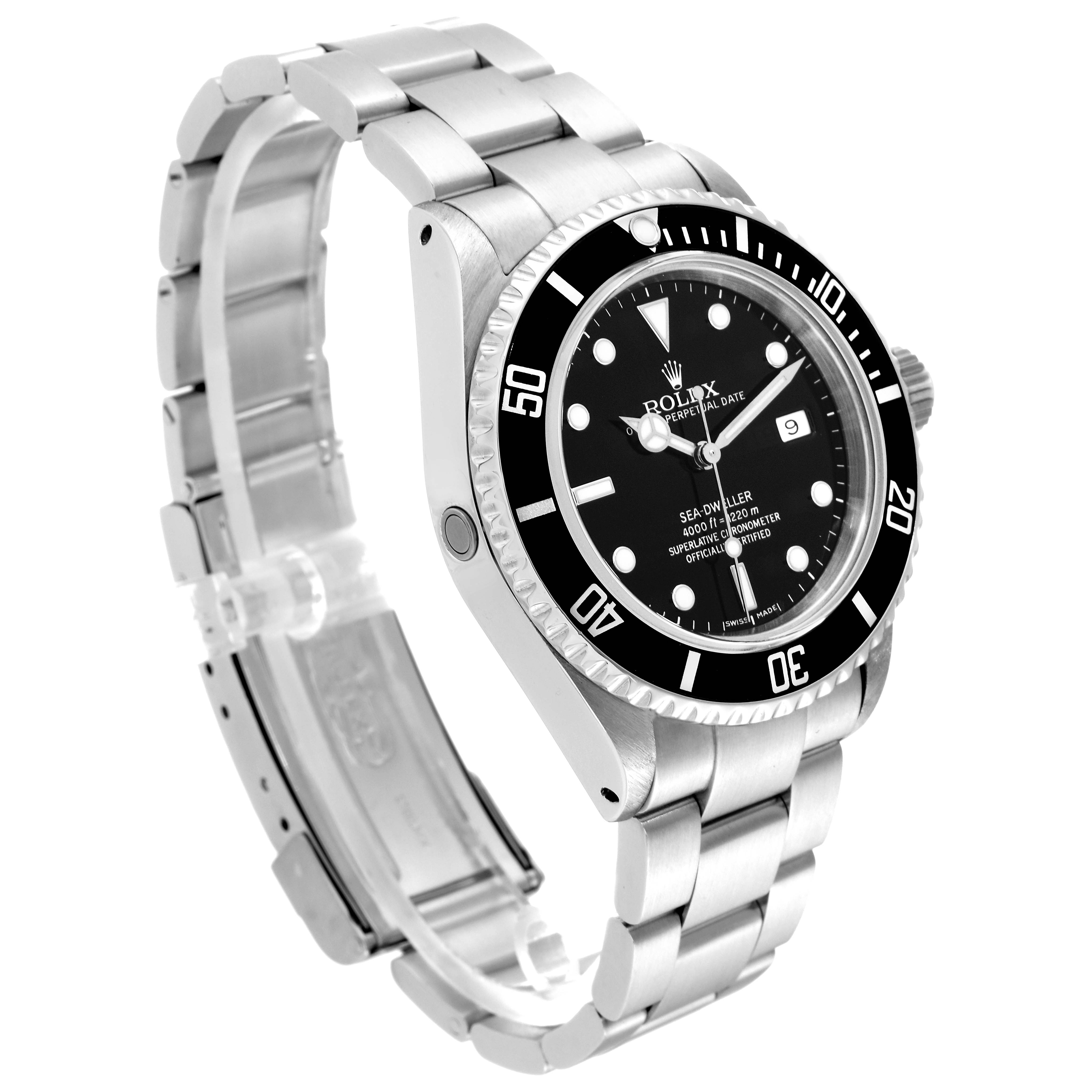 The image shows a side angle of a Rolex Sea-Dweller 16660 Men
s Stainless Steel Black Dial 16660 Men
s Stainless Steel Black Dial watch featuring its bezel, bracelet, dial, and crown.
