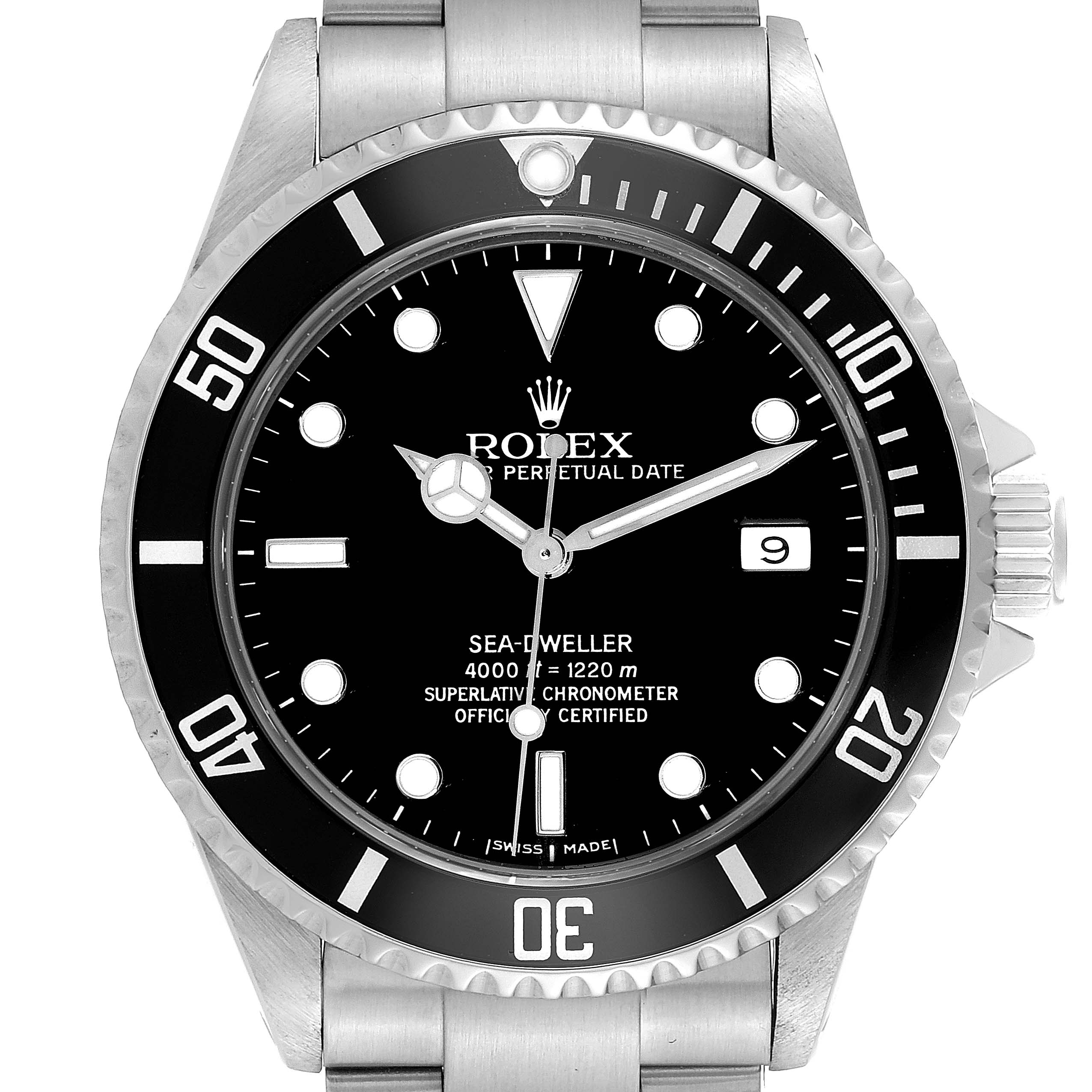 This is a front view of the Rolex Sea-Dweller 16660 Men
s Stainless Steel Black Dial 16660 Men
s Stainless Steel Black Dial watch displaying the face, bezel, and part of the metal bracelet.