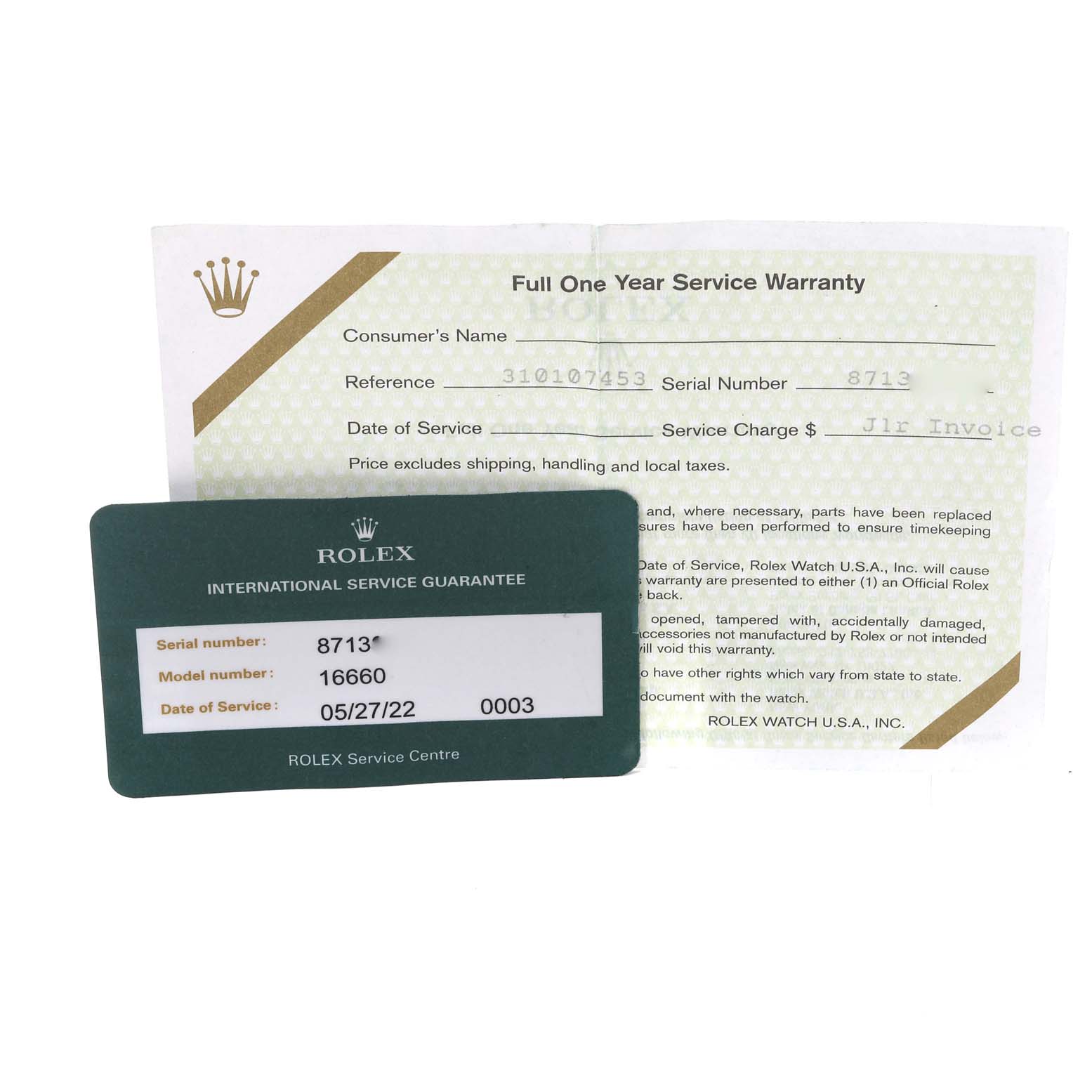 The image shows a Rolex Sea-Dweller 16660 Men
s Stainless Steel Black Dial 16660 Men
s Stainless Steel Black Dial model service warranty card and a full one-year service warranty document from a top-down view.