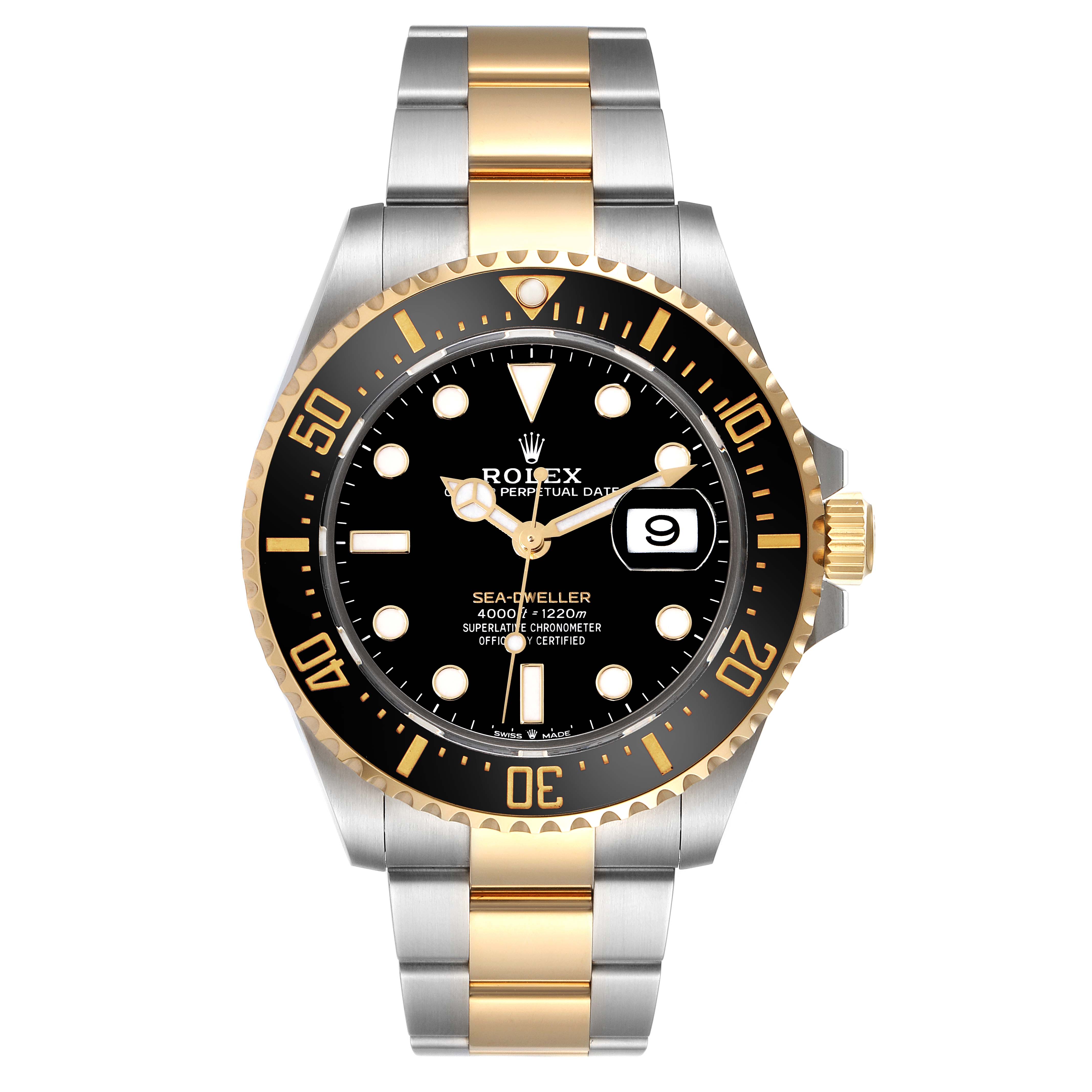 The image shows a front view of the Rolex Sea-Dweller 126603 Men's Steel and Gold (two tone) Black Dial 126603 Men's Steel and Gold (two tone) Black Dial watch featuring a black dial, gold accents, and a two-tone metal bracelet.