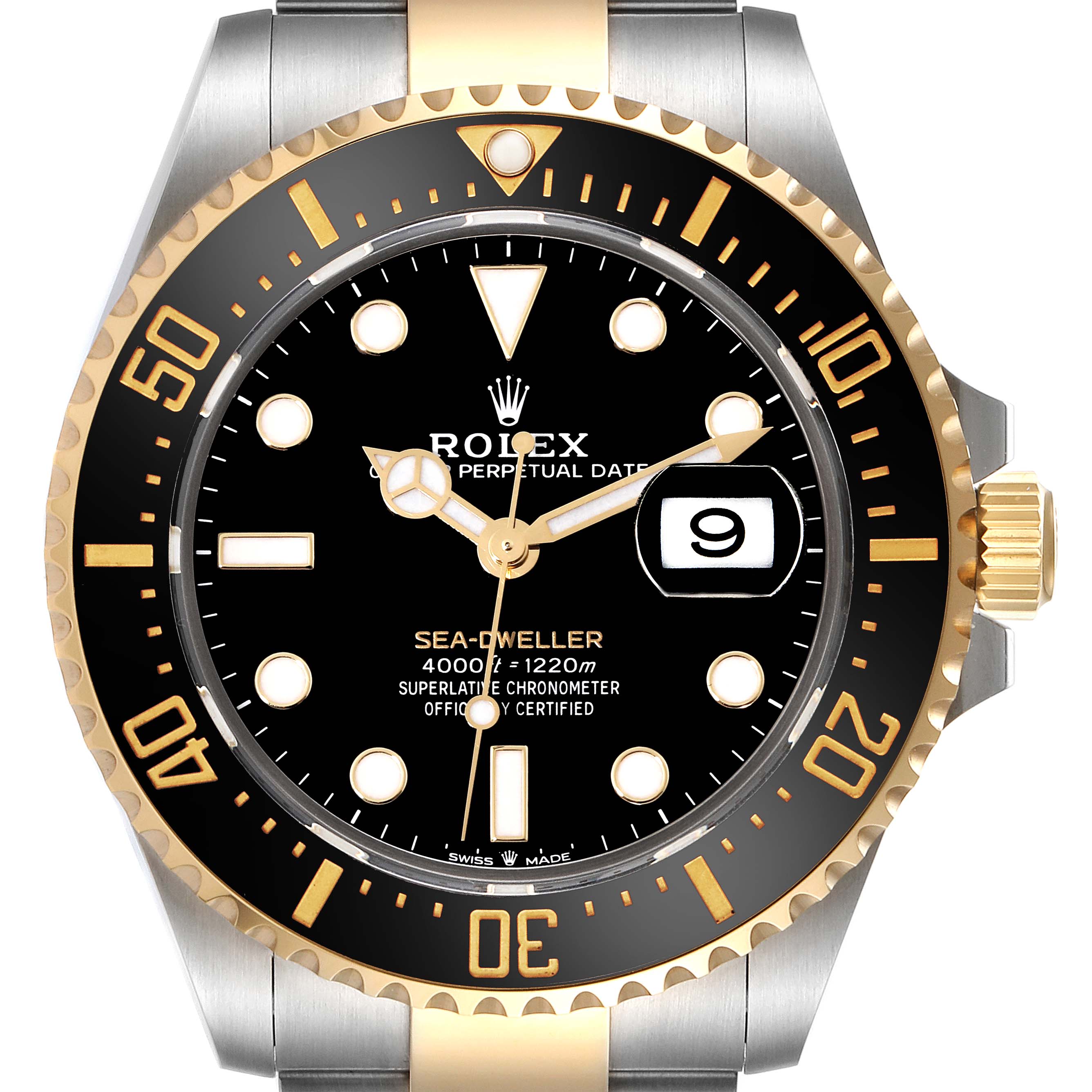 The image shows a Rolex Sea-Dweller 126603 Men's Steel and Gold (two tone) Black Dial 126603 Men's Steel and Gold (two tone) Black Dial watch from a front view, highlighting the face, bezel, crown, and part of the bracelet.
