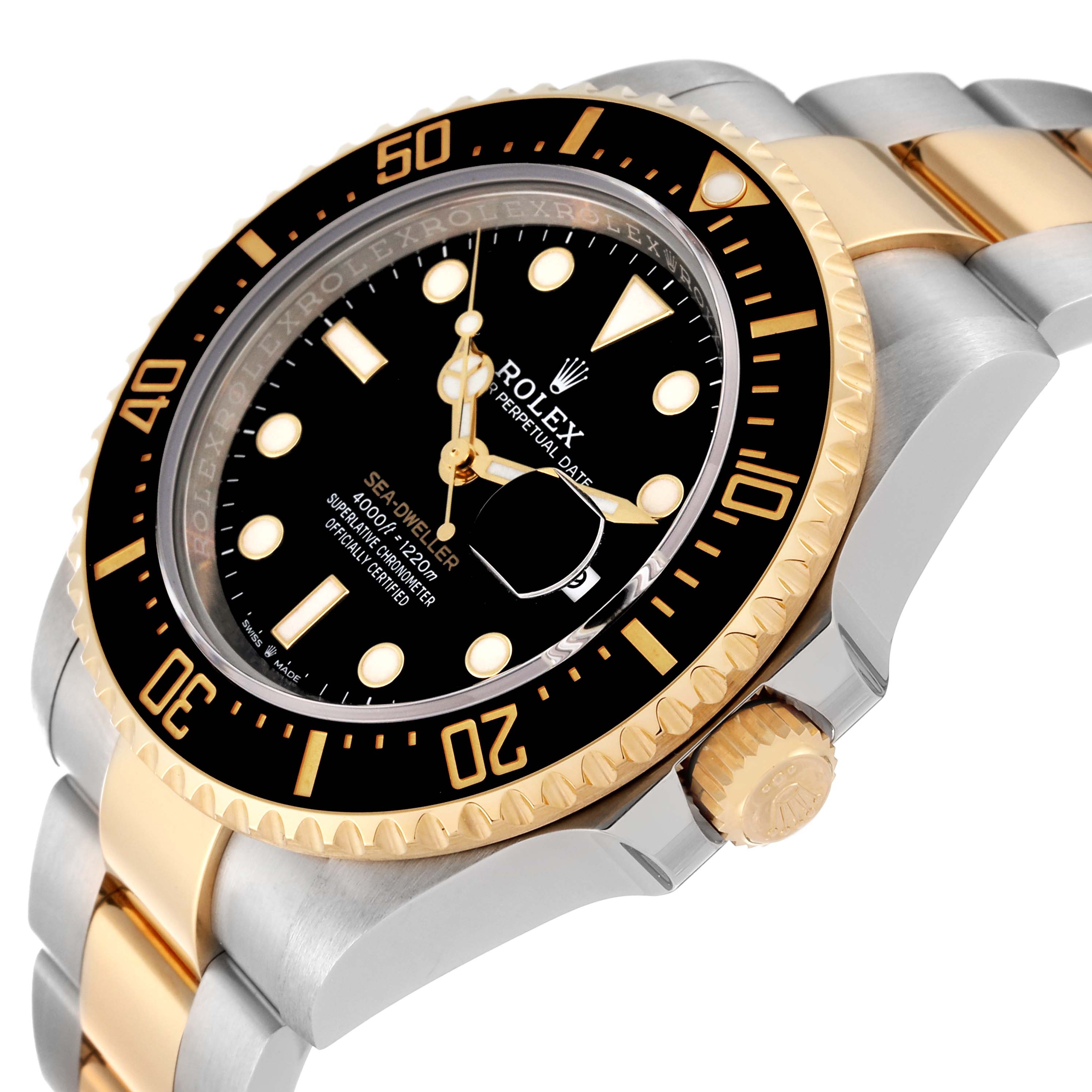 The image shows a Rolex Sea-Dweller 126603 Men's Steel and Gold (two tone) Black Dial 126603 Men's Steel and Gold (two tone) Black Dial watch at a slight angle, highlighting the black and gold bezel, crown, and two-tone bracelet. 