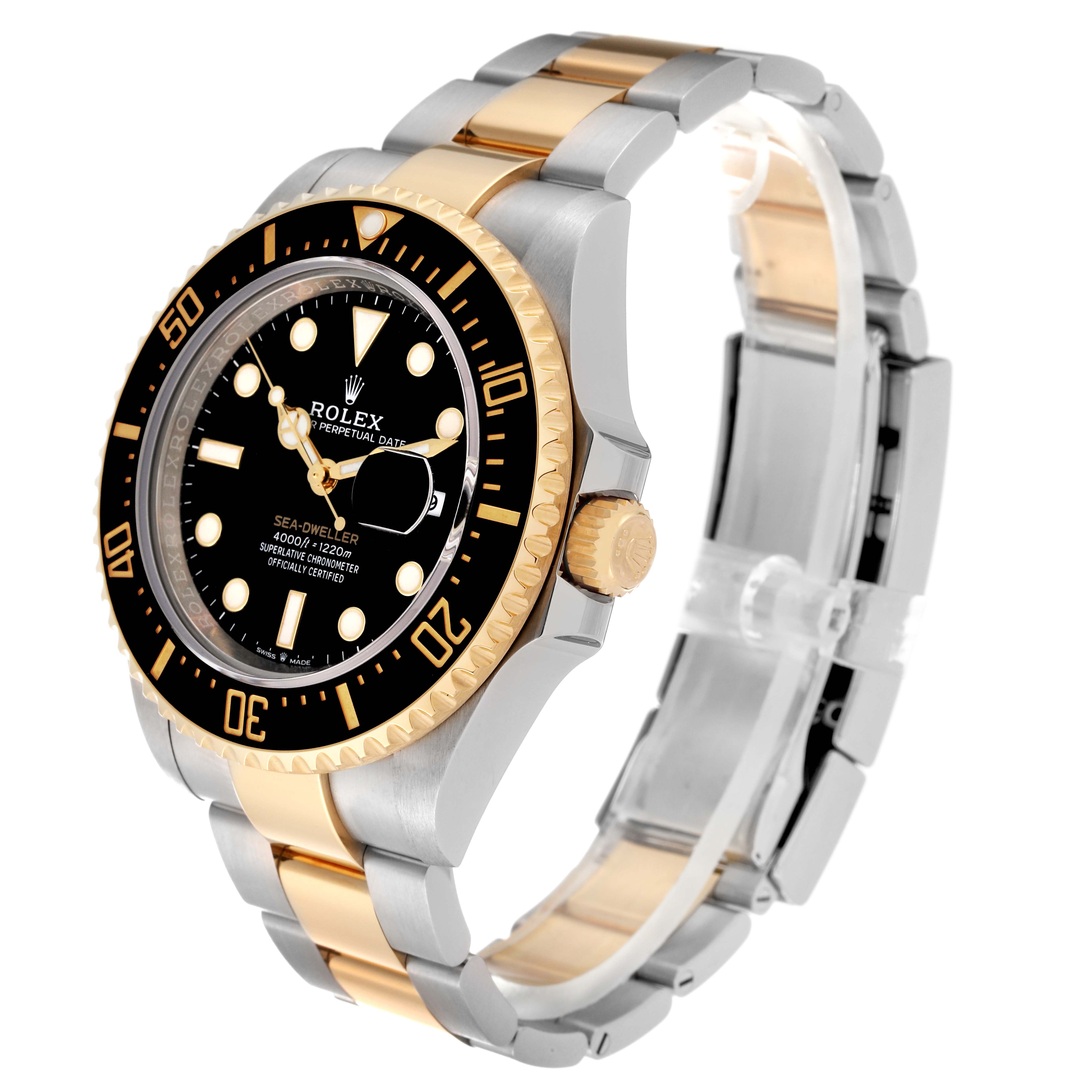 The image shows a Rolex Sea-Dweller 126603 Men's Steel and Gold (two tone) Black Dial 126603 Men's Steel and Gold (two tone) Black Dial watch at a slight angle, highlighting its black dial, gold bezel, and two-tone metal bracelet.