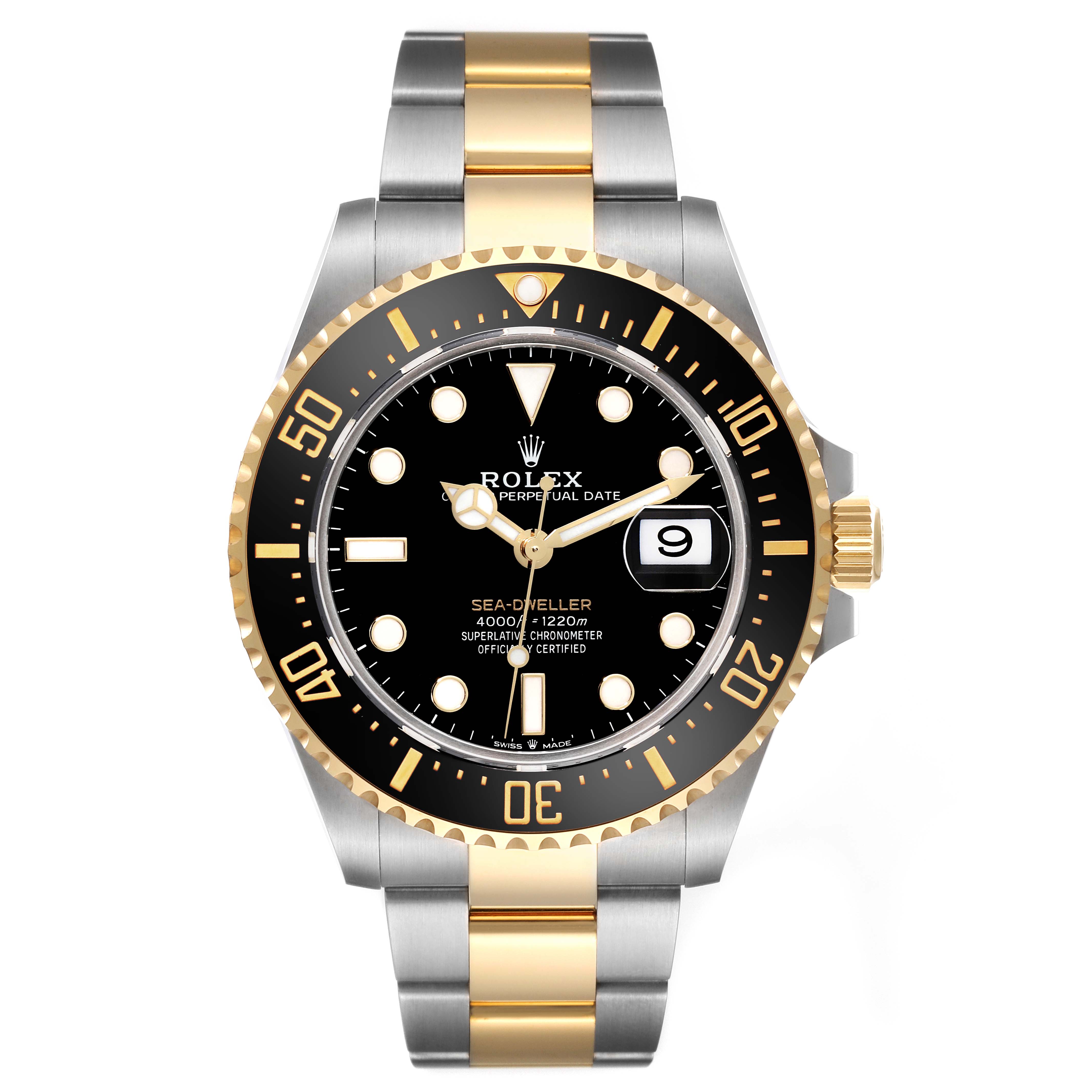The image shows a front view of the Rolex Sea-Dweller 126603 Men's Steel and Gold (two tone) Black Dial 126603 Men's Steel and Gold (two tone) Black Dial watch, highlighting its black dial, gold accents, and date function.