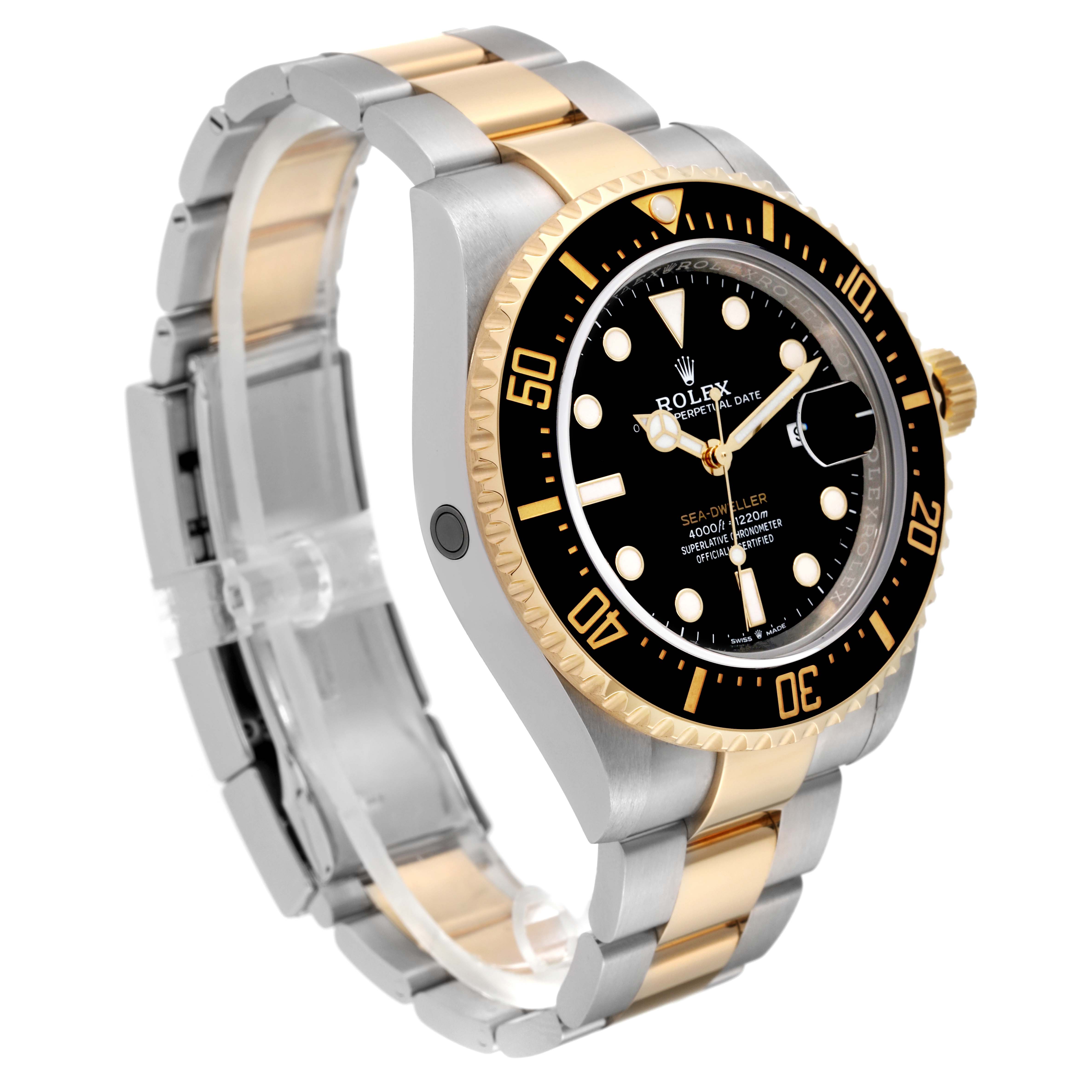 The Rolex Sea-Dweller 126603 Men's Steel and Gold (two tone) Black Dial 126603 Men's Steel and Gold (two tone) Black Dial watch is shown at an oblique angle, highlighting its black dial, gold bezel, and two-tone bracelet.