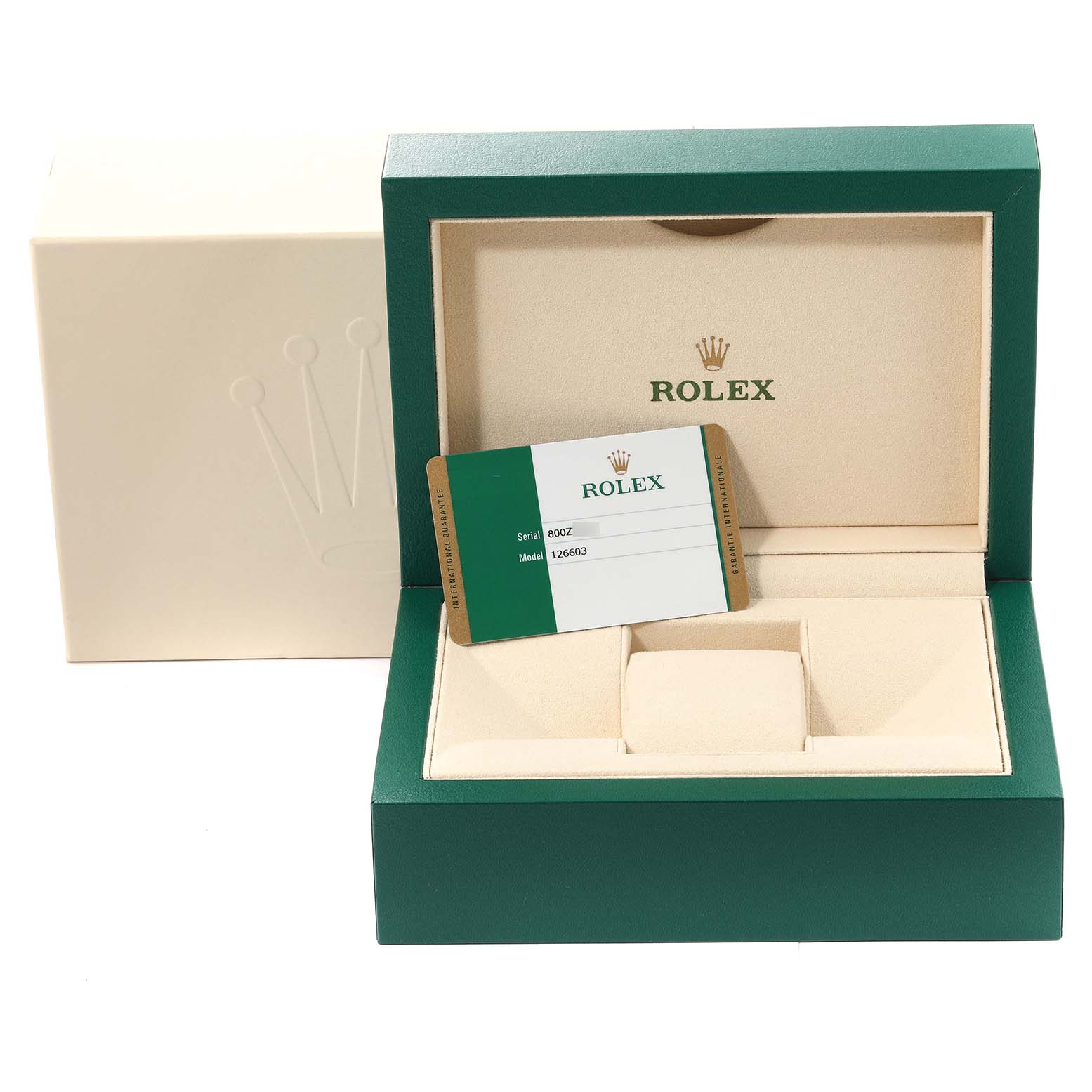 This image shows a Rolex Sea-Dweller 126603 Men's Steel and Gold (two tone) Black Dial 126603 Men's Steel and Gold (two tone) Black Dial watch box and warranty card, including the green outer box and beige inner compartment.