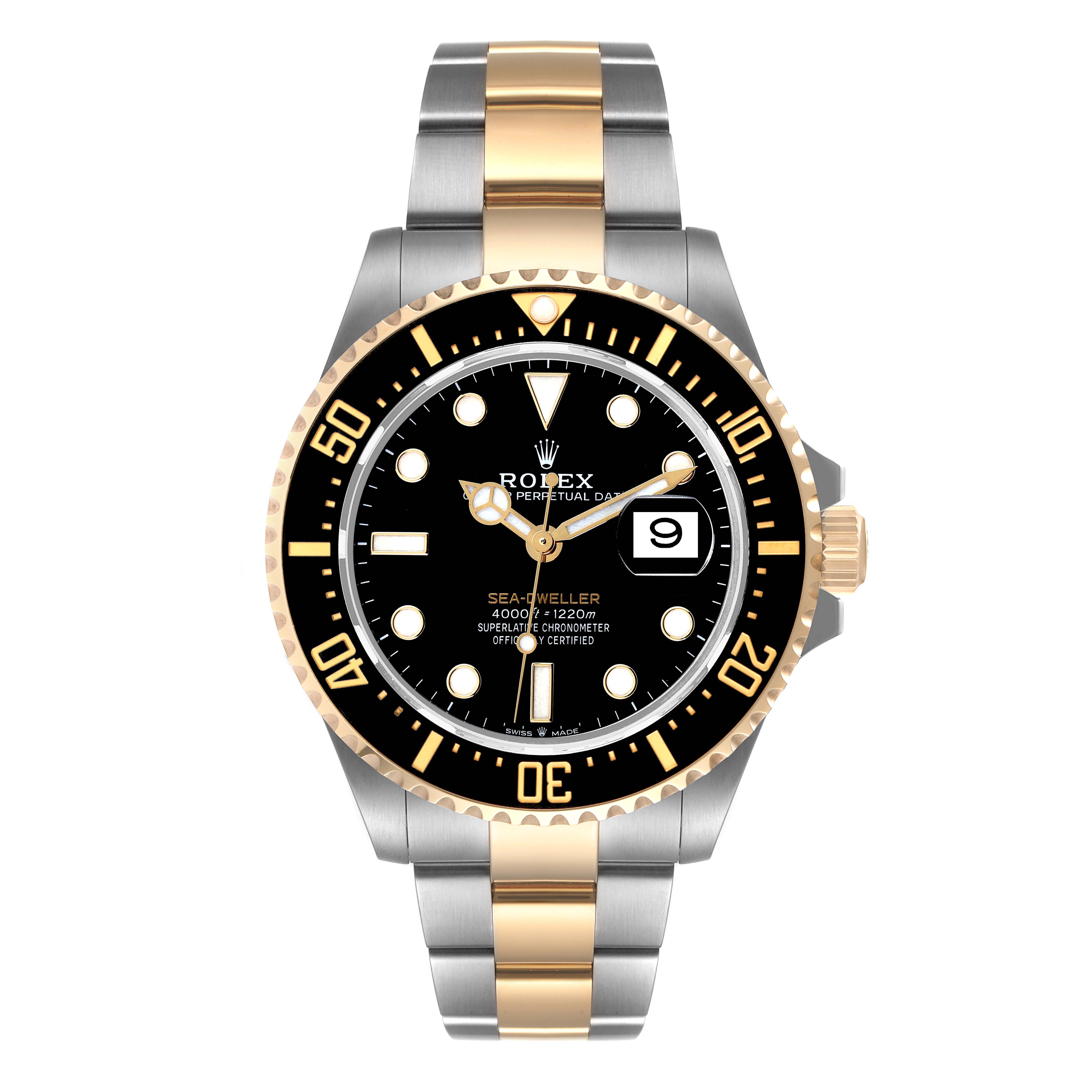The image shows a front view of the Rolex Sea-Dweller 126603 Men's Steel and Gold (two tone) Black Dial 126603 Men's Steel and Gold (two tone) Black Dial watch, featuring a black dial, two-tone bracelet, and date window.