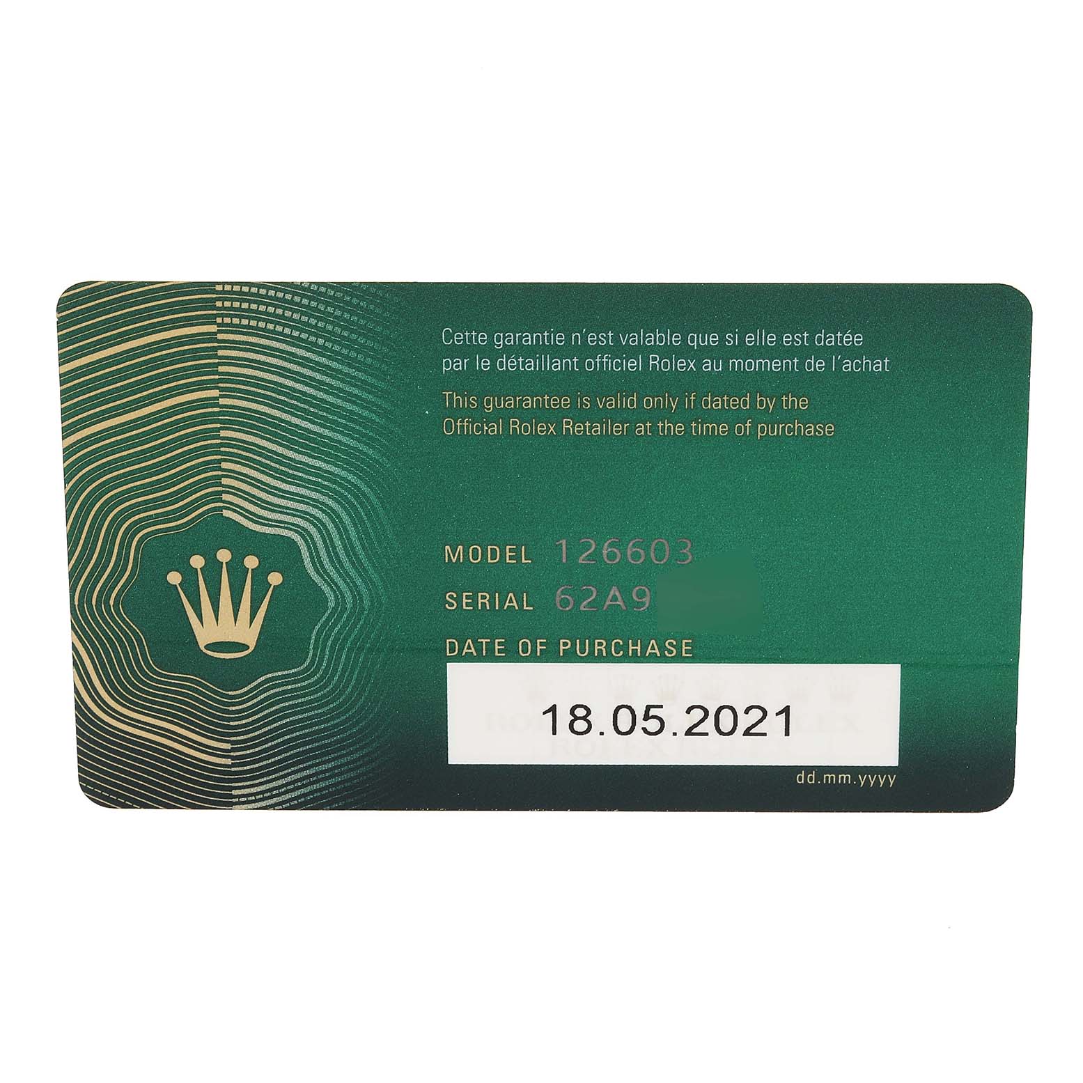 This image shows a Rolex guarantee card for the Sea-Dweller model 126603, featuring the serial number and purchase date.