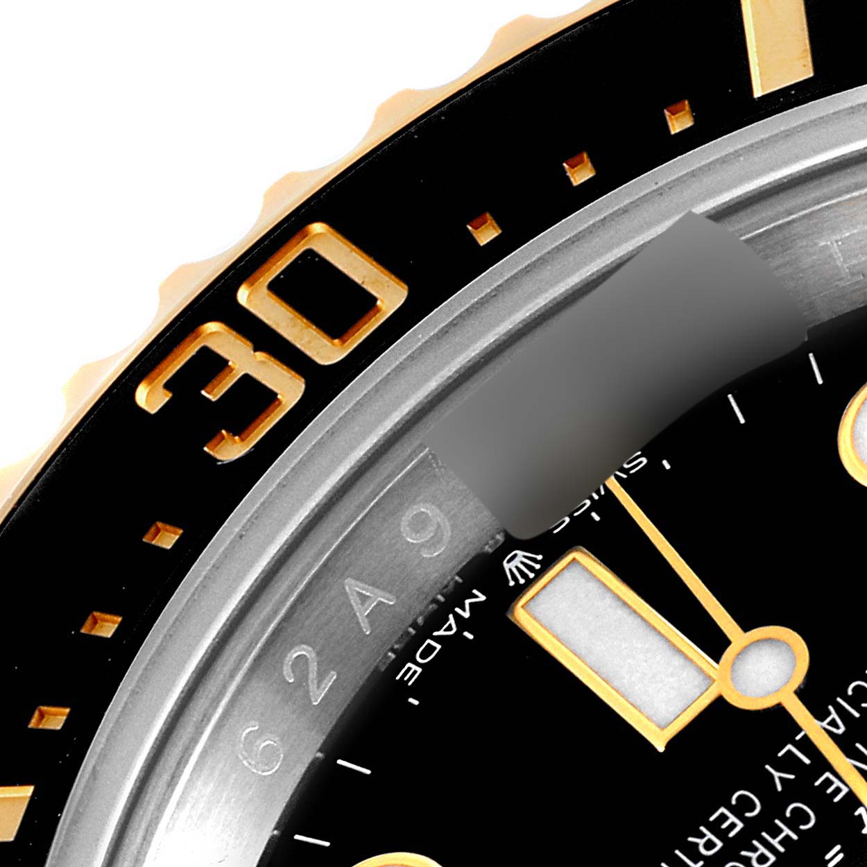 The close-up image shows the bezel and part of the dial of the Rolex Sea-Dweller 126603 Men's Steel and Gold (two tone) Black Dial 126603 Men's Steel and Gold (two tone) Black Dial watch, highlighting the 30-minute marker.
