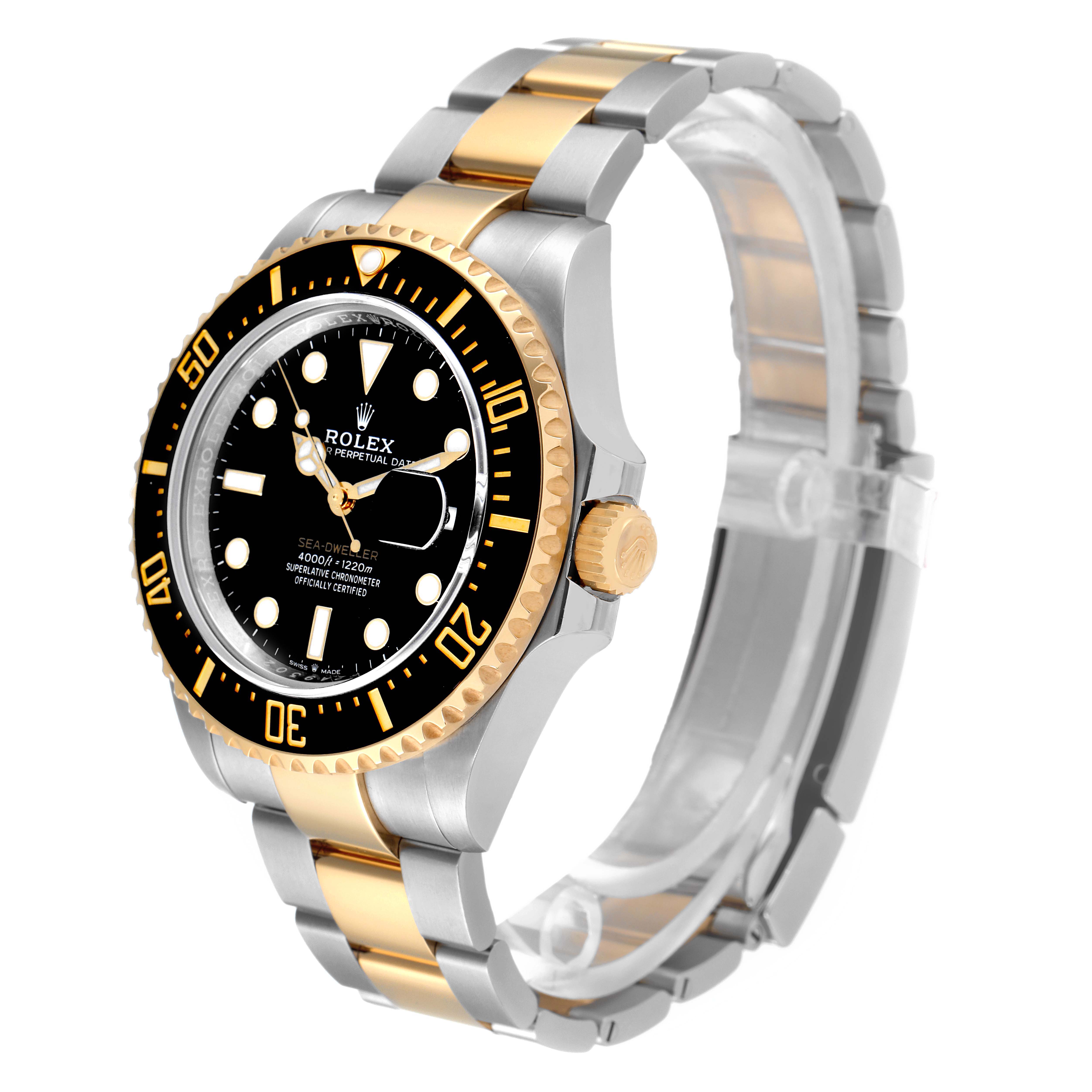 The image shows a Rolex Sea-Dweller 126603 Men's Steel and Gold (two tone) Black Dial 126603 Men's Steel and Gold (two tone) Black Dial watch at a front-side angle, highlighting its bezel, crown, and two-tone bracelet.