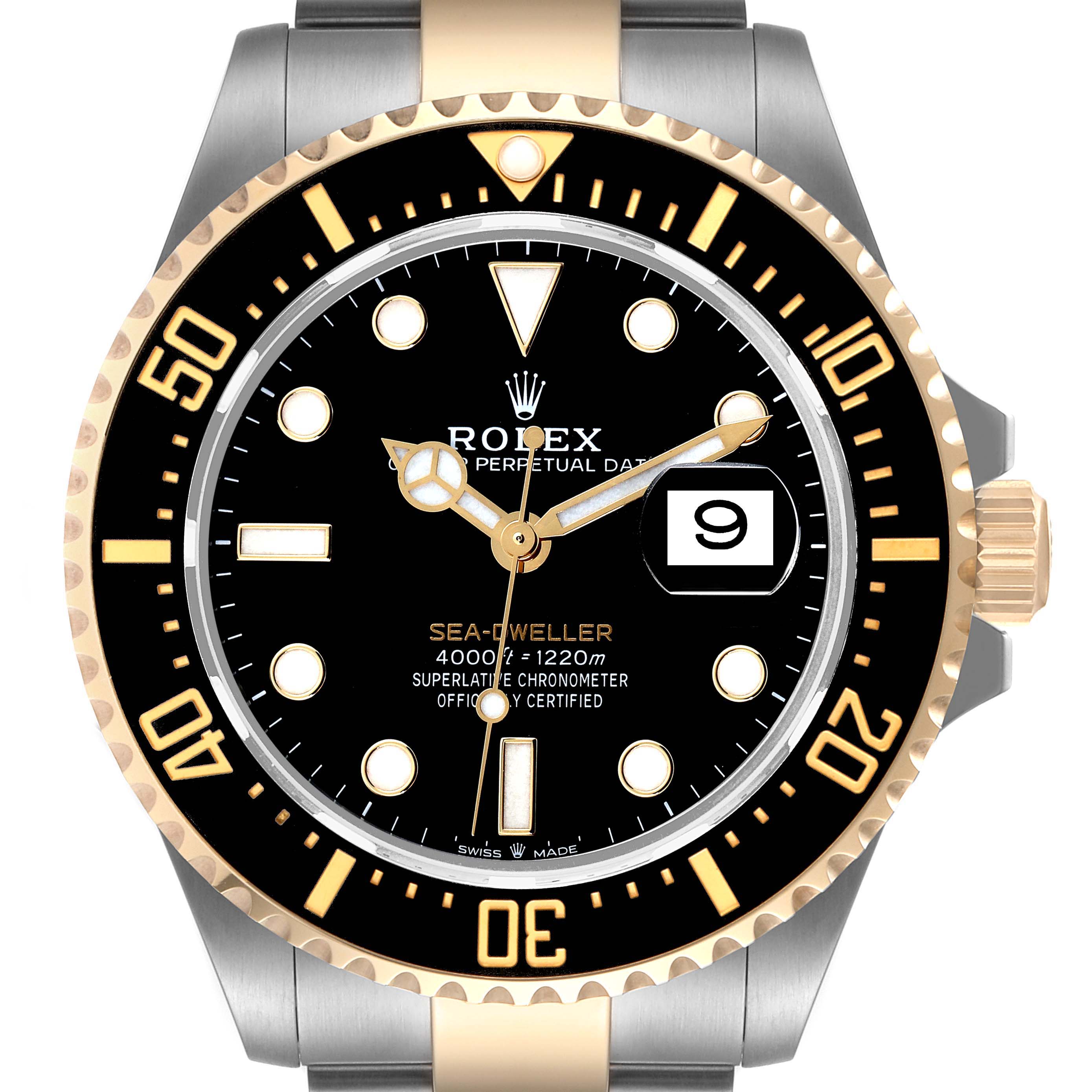This image shows a front view of the Rolex Sea-Dweller 126603 Men's Steel and Gold (two tone) Black Dial 126603 Men's Steel and Gold (two tone) Black Dial watch, highlighting its dial, bezel, and part of the bracelet.