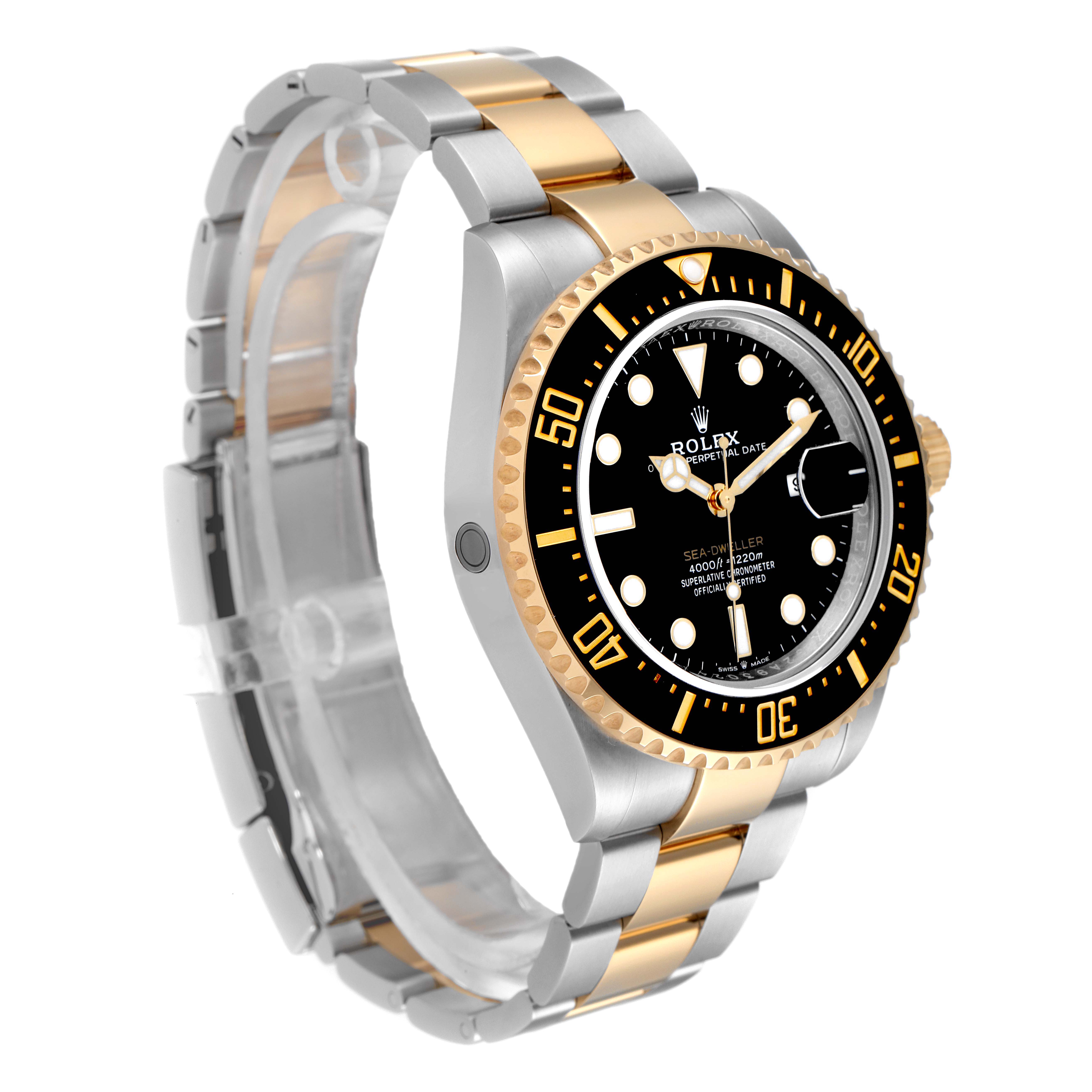 The image shows a side angle of a Rolex Sea-Dweller 126603 Men's Steel and Gold (two tone) Black Dial 126603 Men's Steel and Gold (two tone) Black Dial watch, highlighting the dial, bezel, and gold and silver bracelet.
