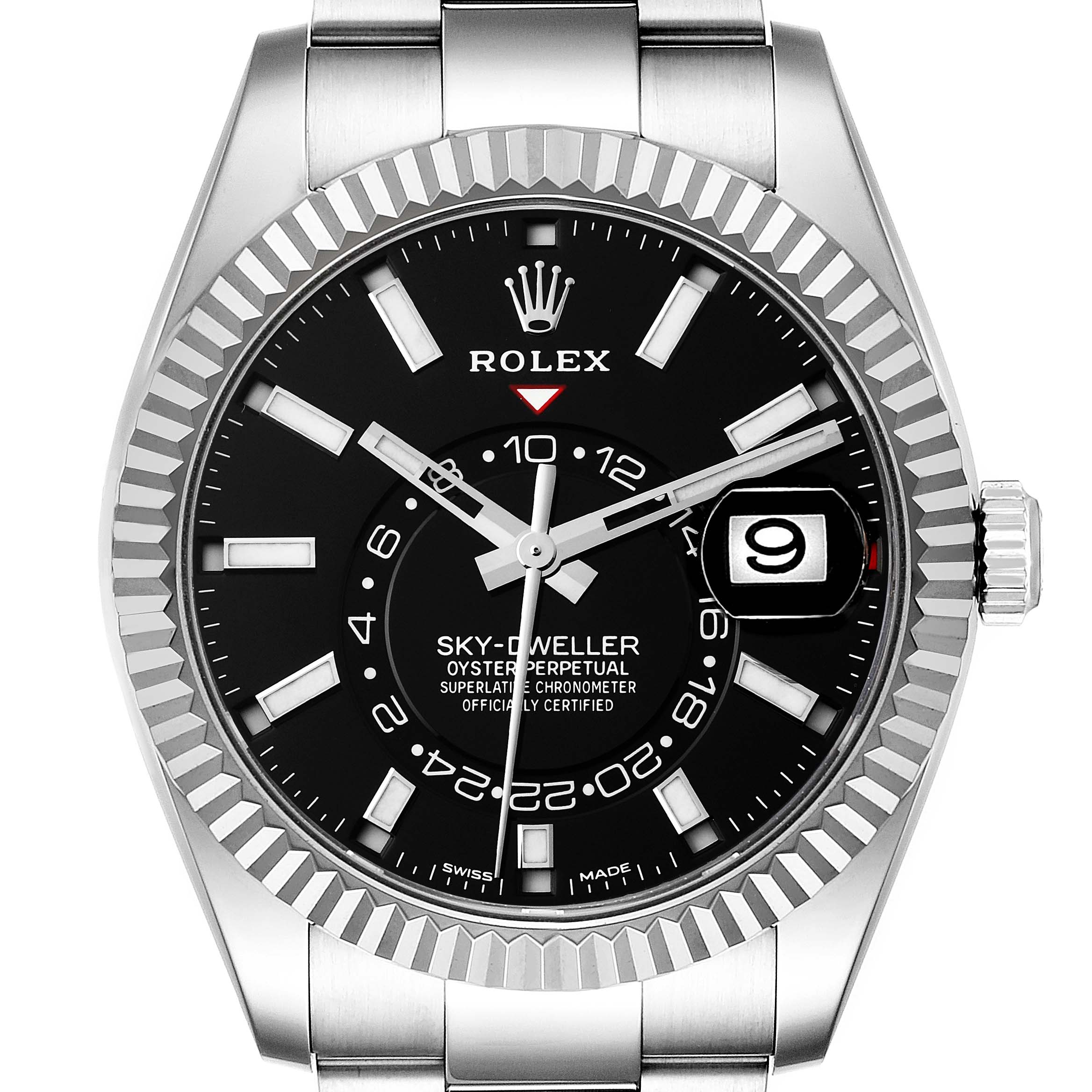 This Rolex Sky-Dweller 326934 Men
s Stainless Steel Black Dial 326934 Men
s Stainless Steel Black Dial watch is shown from a top-down angle, highlighting the black dial, bezel, hands, date window, and part of the bracelet.