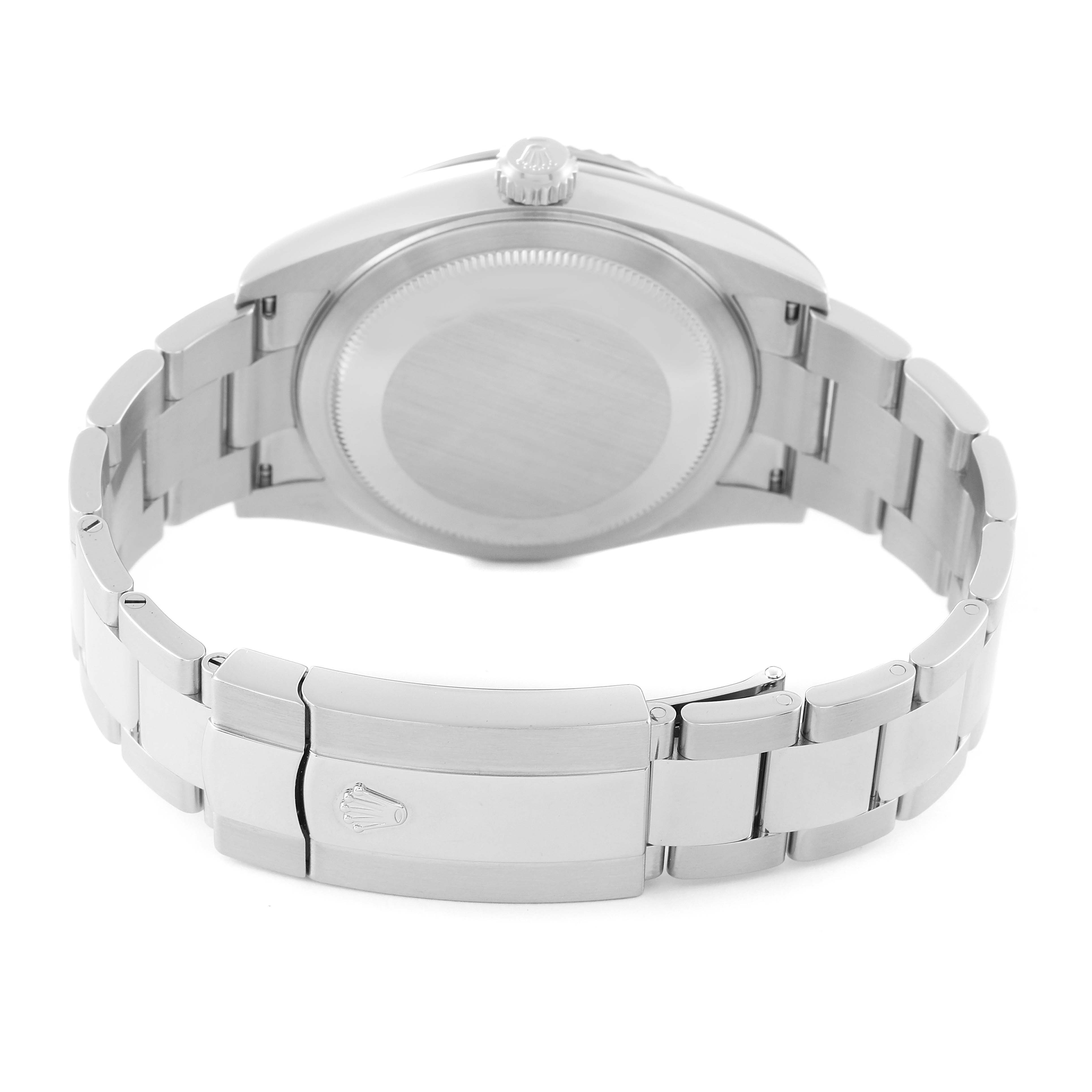 The image shows the back view of a Rolex Sky-Dweller 326934 Men
s Stainless Steel Black Dial 326934 Men
s Stainless Steel Black Dial watch, highlighting its case back, crown, and bracelet clasp.