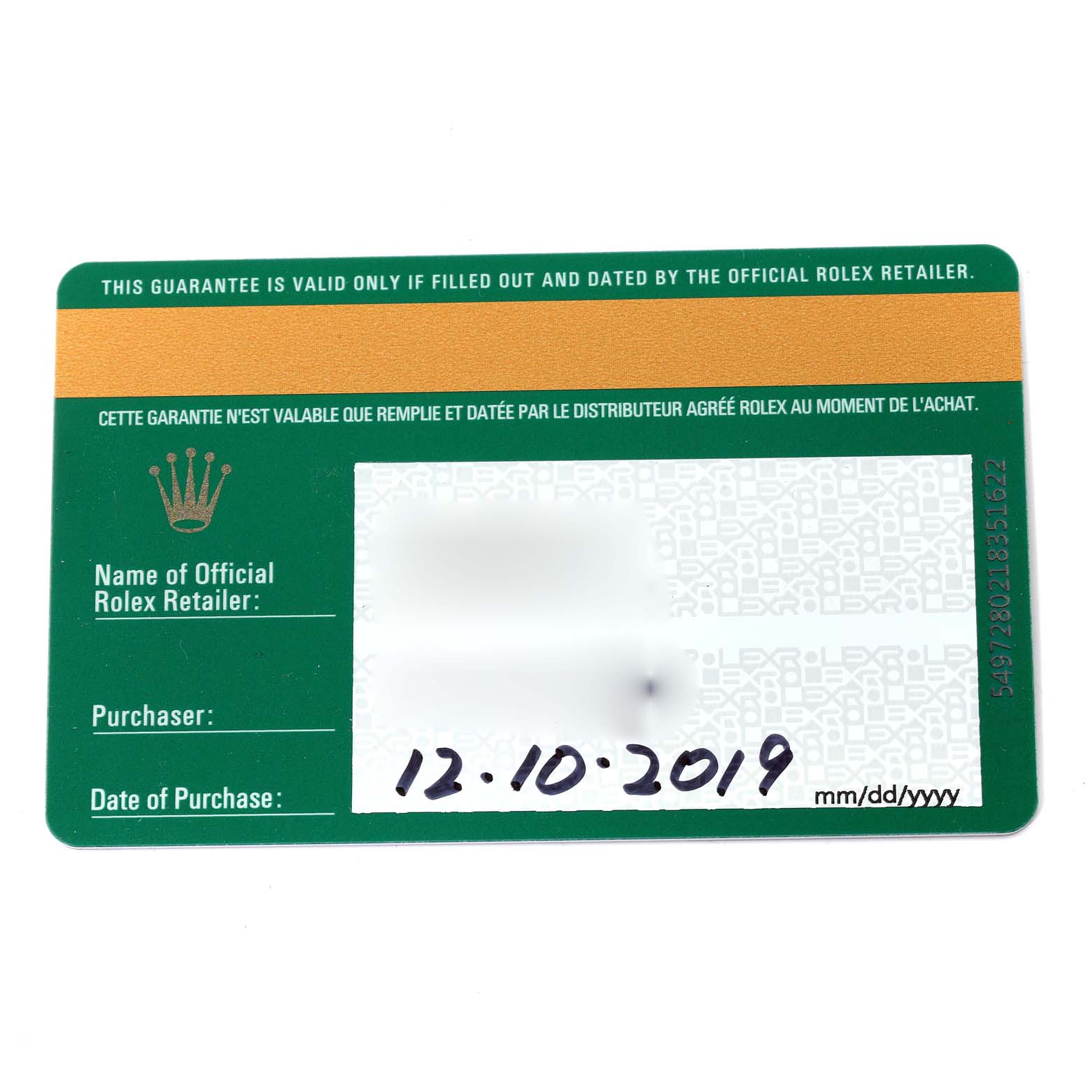 This image shows a warranty card for the Rolex Sky-Dweller 326934 Men
s Stainless Steel Black Dial 326934 Men
s Stainless Steel Black Dial watch, including fields for the retailer, purchaser, and date of purchase.