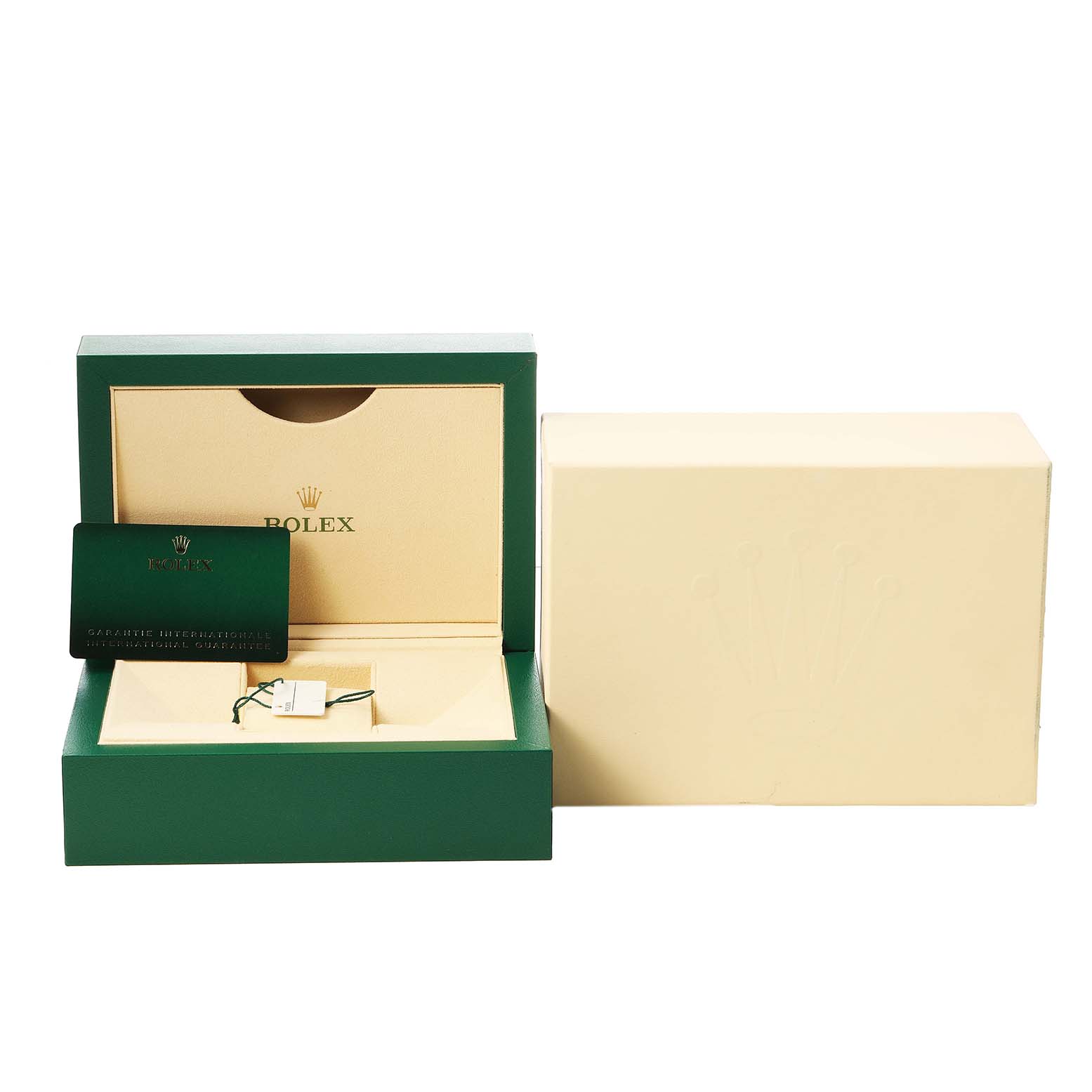 The image shows the packaging for a Rolex Sky-Dweller 336934 Men's Stainless Steel Green Dial, including the open box, a warranty card, and a tag.