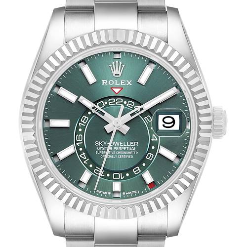 The Rolex Sky-Dweller 336934 Men's Stainless Steel Green Dial watch is shown from the front, displaying its face, bezel, and part of the bracelet.
