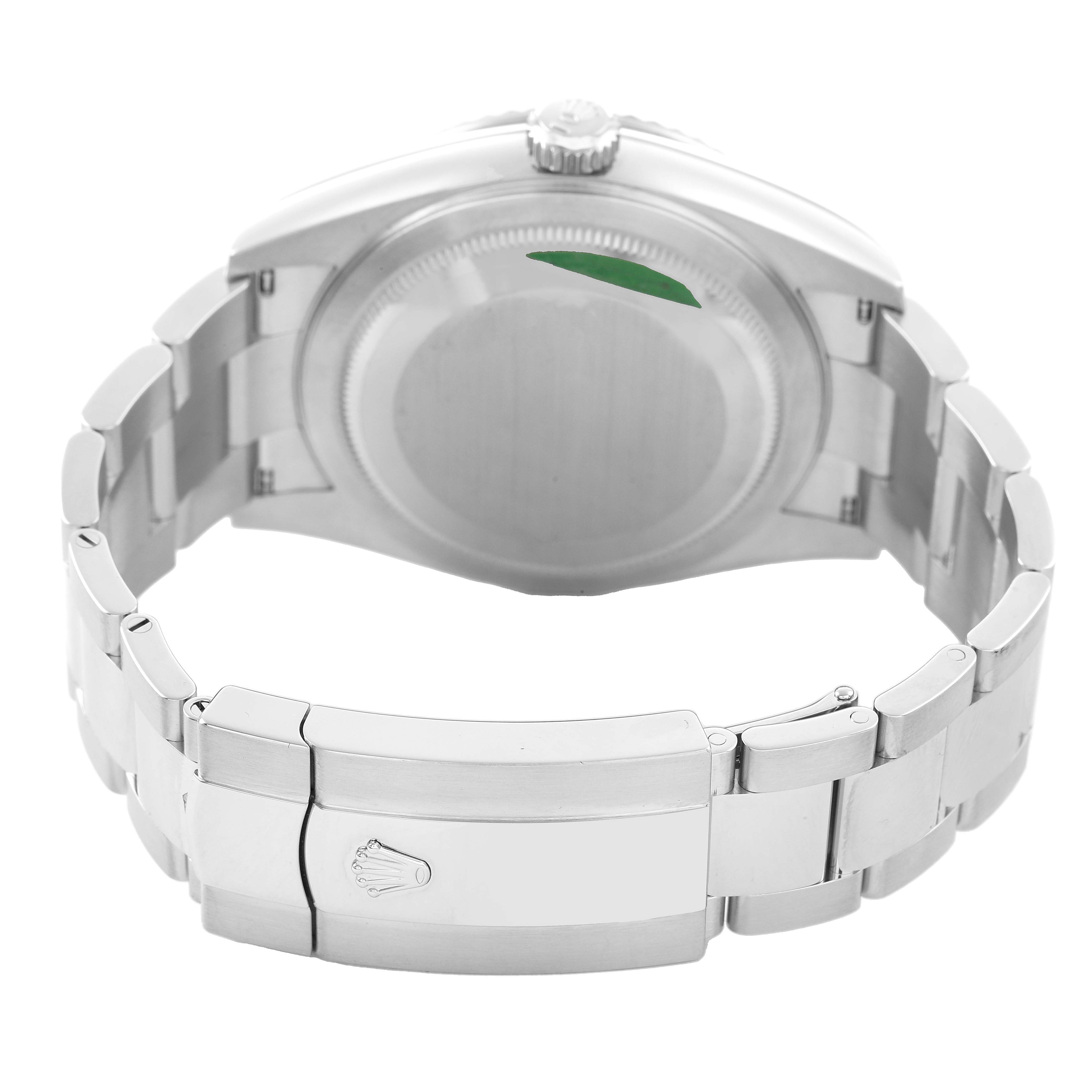 The image shows the back of a Rolex Sky-Dweller 336934 Men's Stainless Steel Green Dial, highlighting the bracelet and clasp.