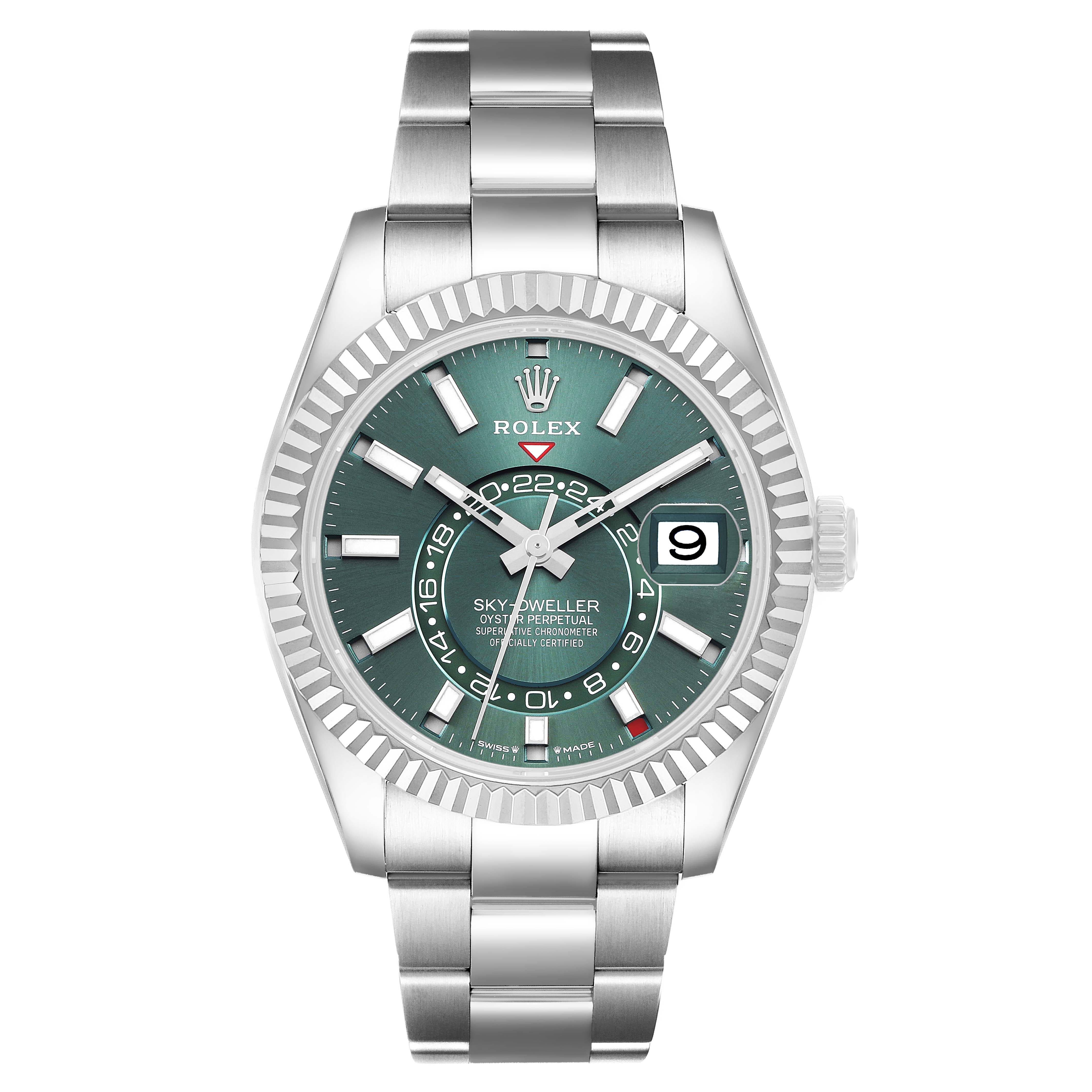 The Rolex Sky-Dweller 336934 Men's Stainless Steel Green Dial watch is shown from a front angle, displaying the face, bezel, crown, and bracelet.