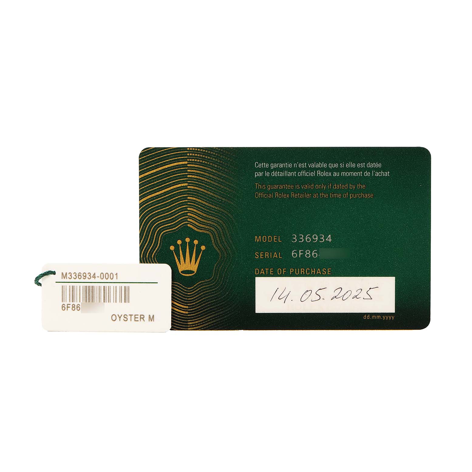The image shows a warranty card and a tag for the Rolex Sky-Dweller 336934 Men's Stainless Steel Green Dial, highlighting model, serial number, and purchase date.