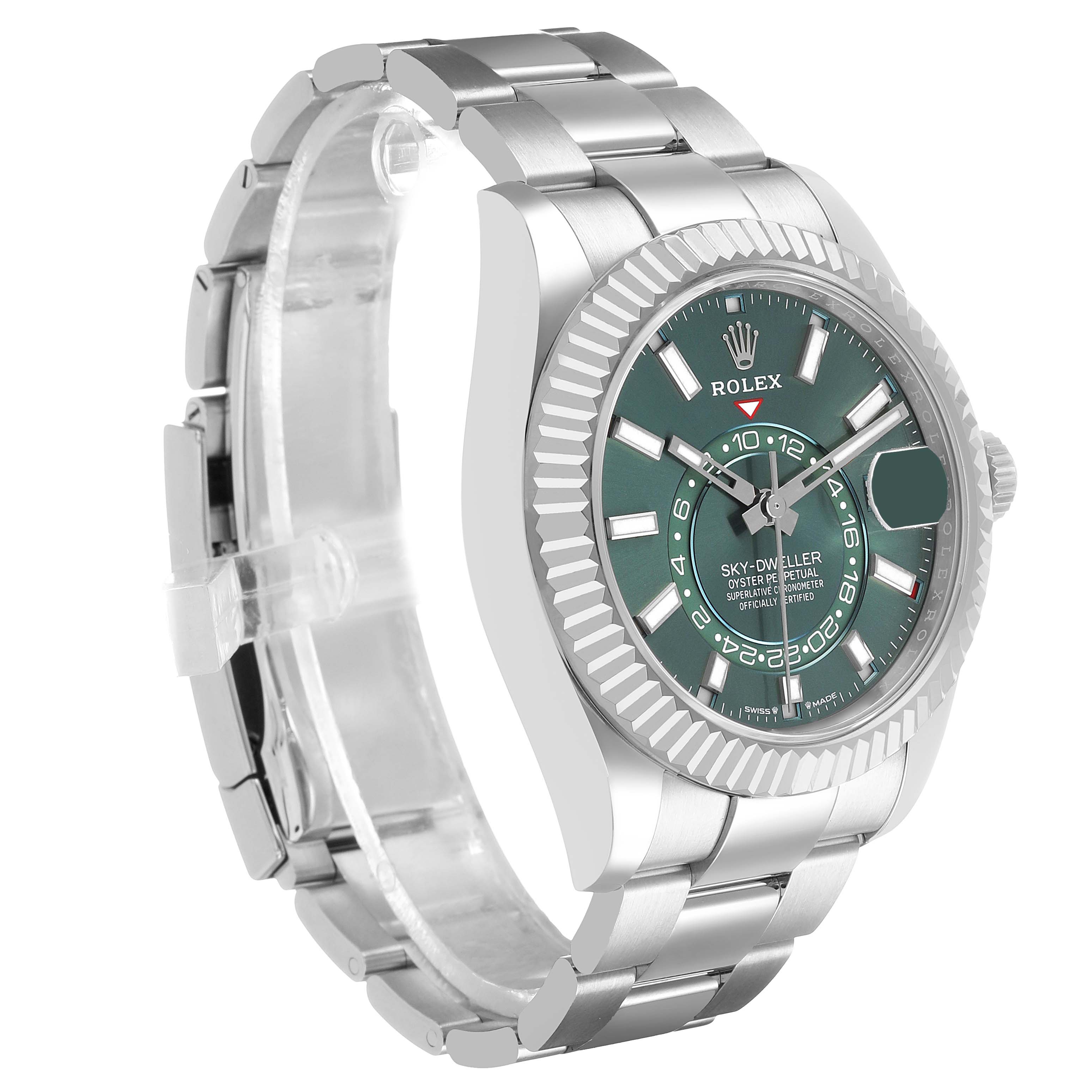 The Rolex Sky-Dweller 336934 Men's Stainless Steel Green Dial watch is shown at a three-quarter angle, highlighting the face, bezel, crown, and bracelet.